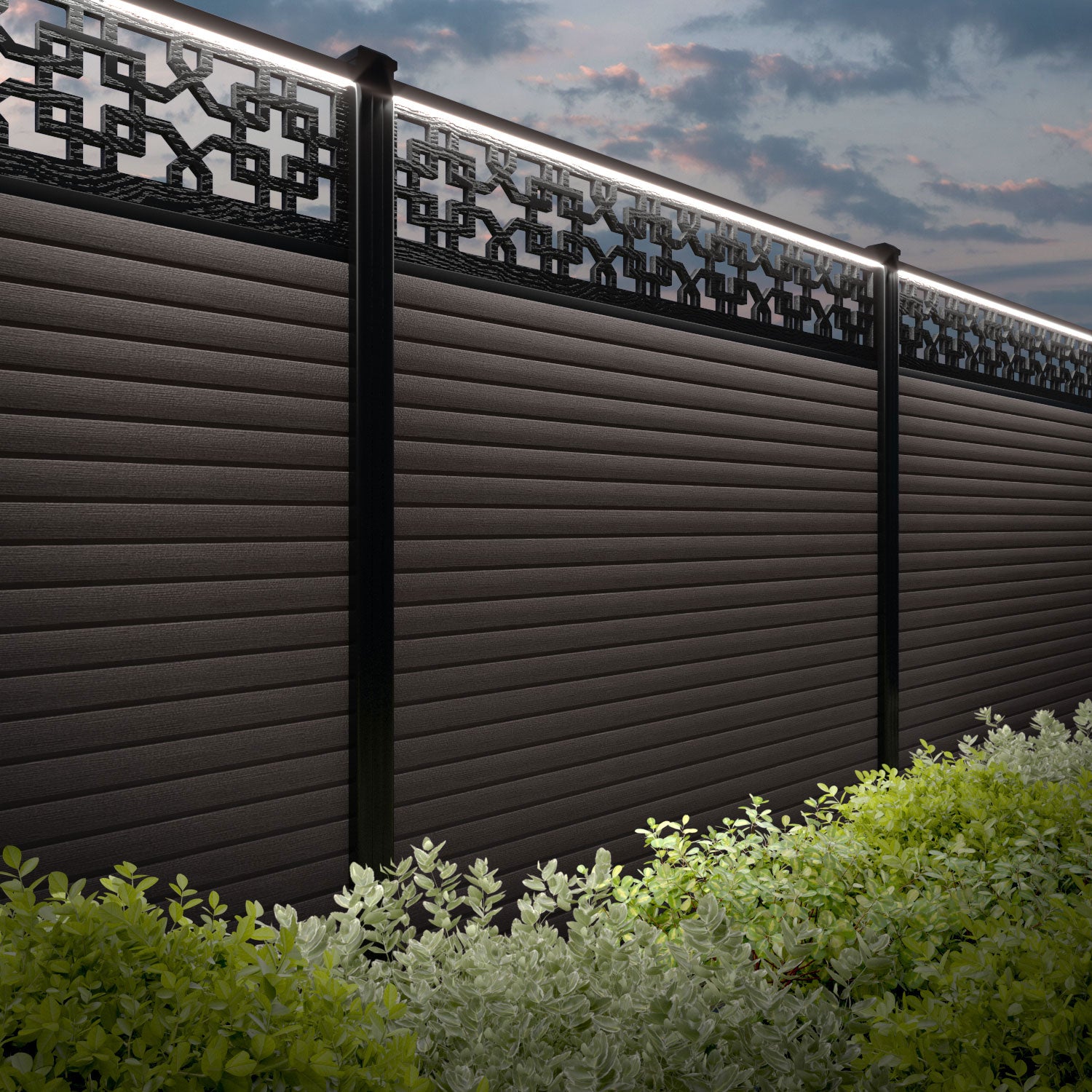 Hudson Zaria Fence Panel - Mid Brown - with our aluminium posts