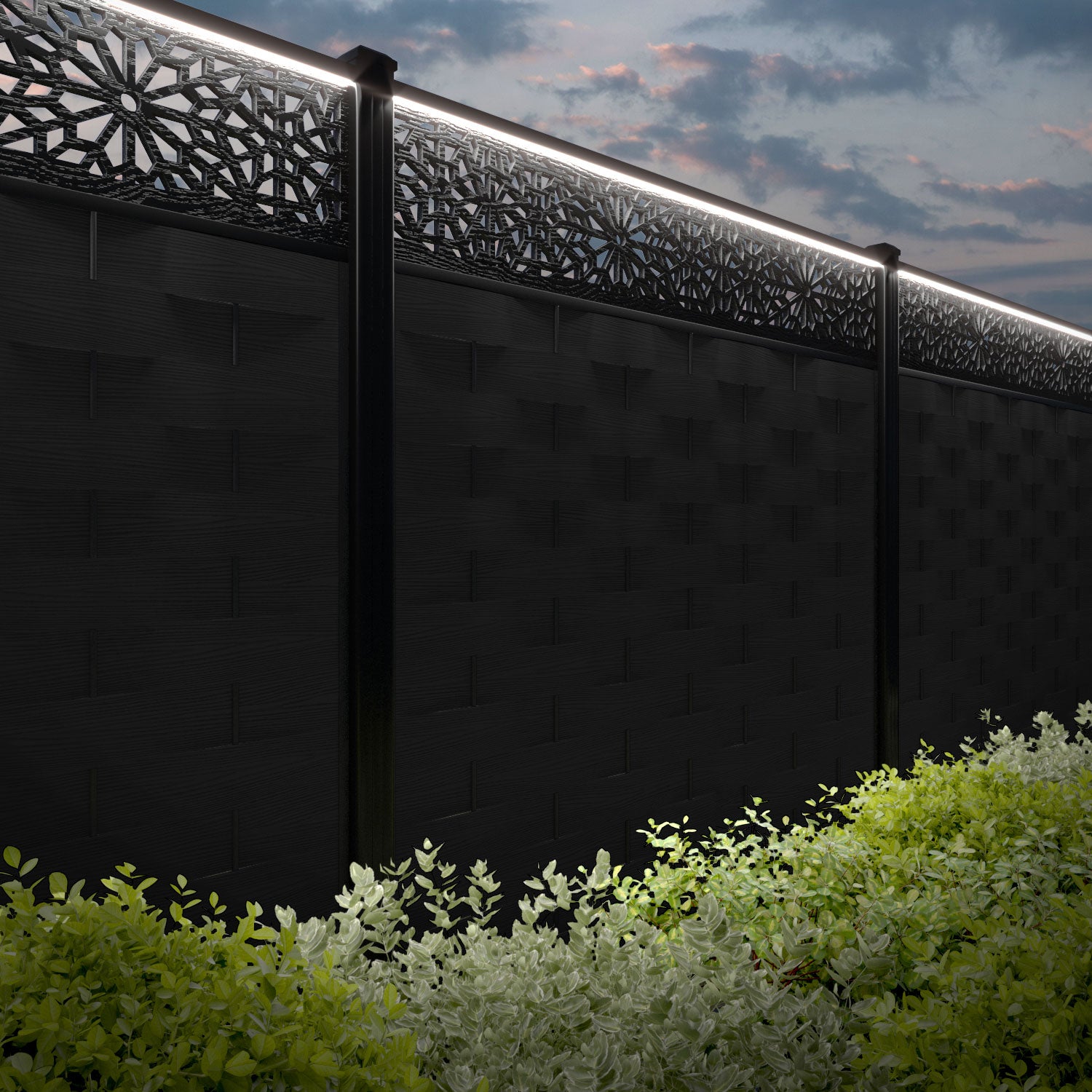 Ripple Alnara Fence Panel - Black - with our aluminium posts