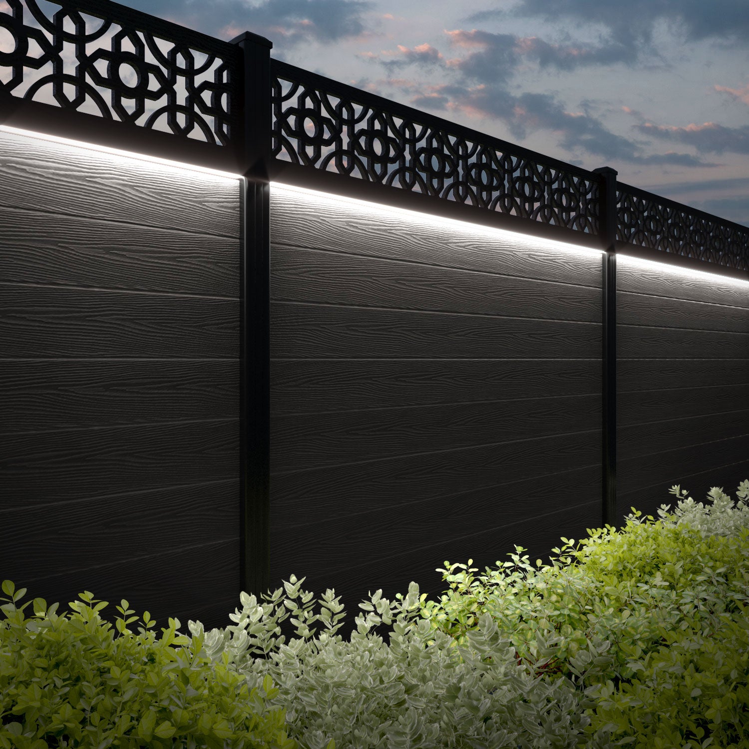 Classic Nabila Fence Panel - Dark Oak - with our aluminium posts