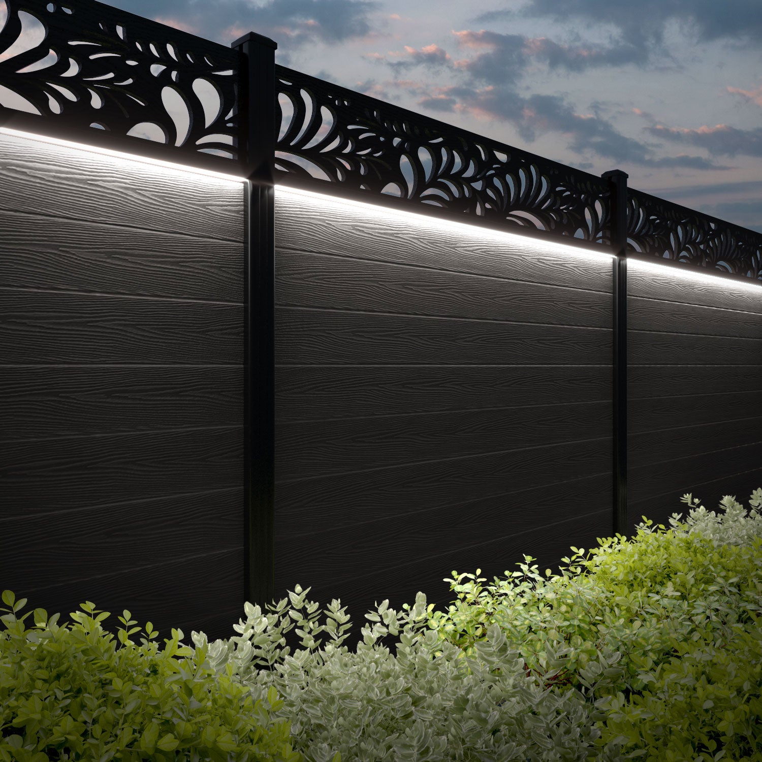 Classic Petal Fence Panel - Dark Oak - with our aluminium posts