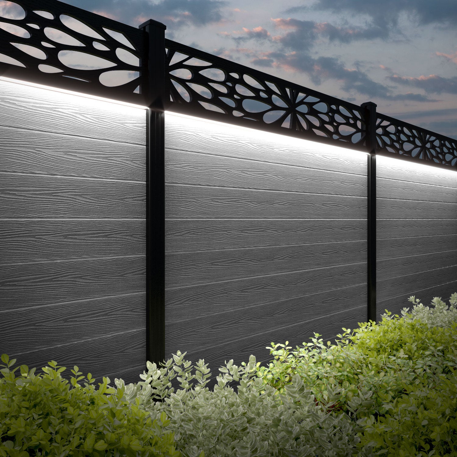 Classic Blossom Fence Panel - Light Grey - with our aluminium posts
