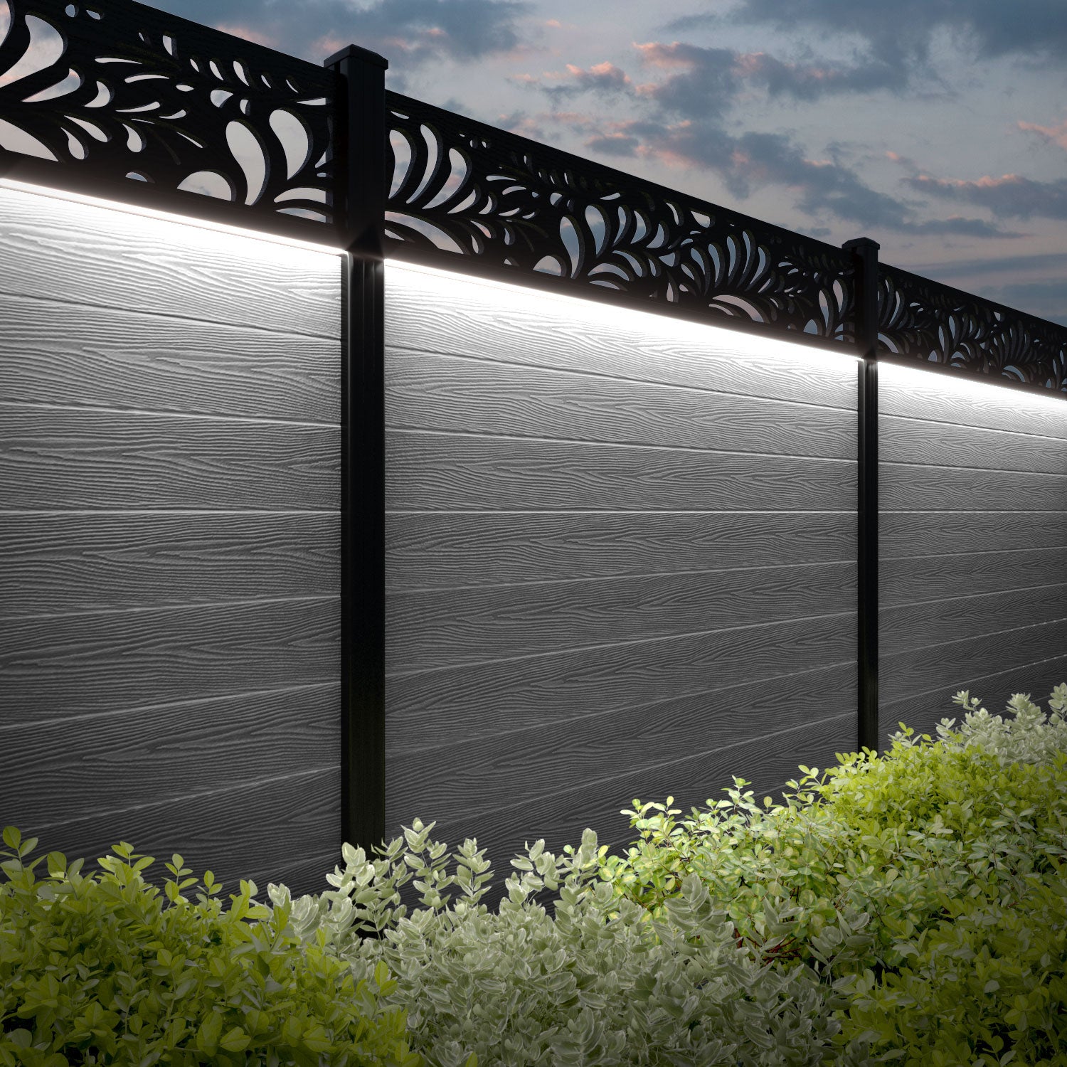 Classic Petal Fence Panel - Light Grey - with our aluminium posts