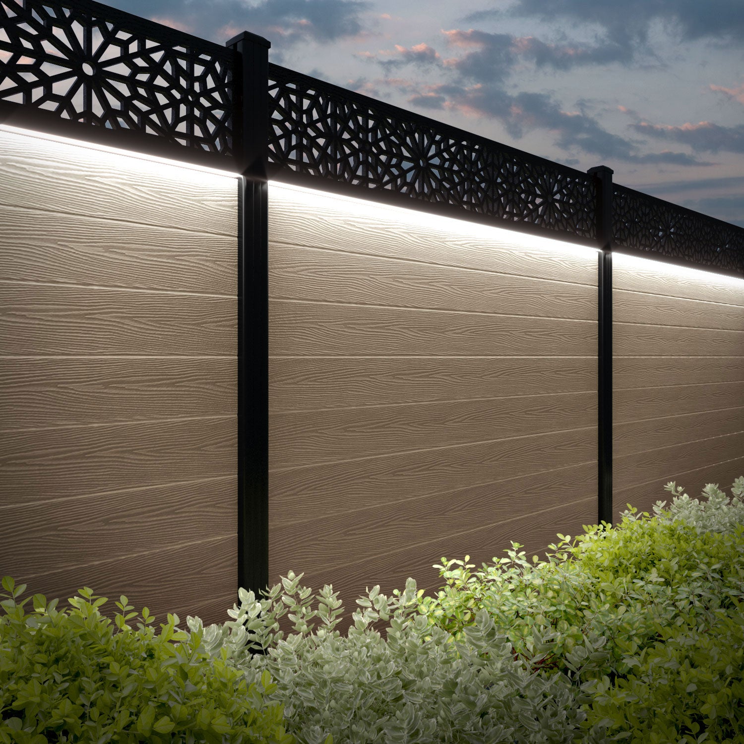 Classic Alnara Fence Panel - Light Oak - with our aluminium posts
