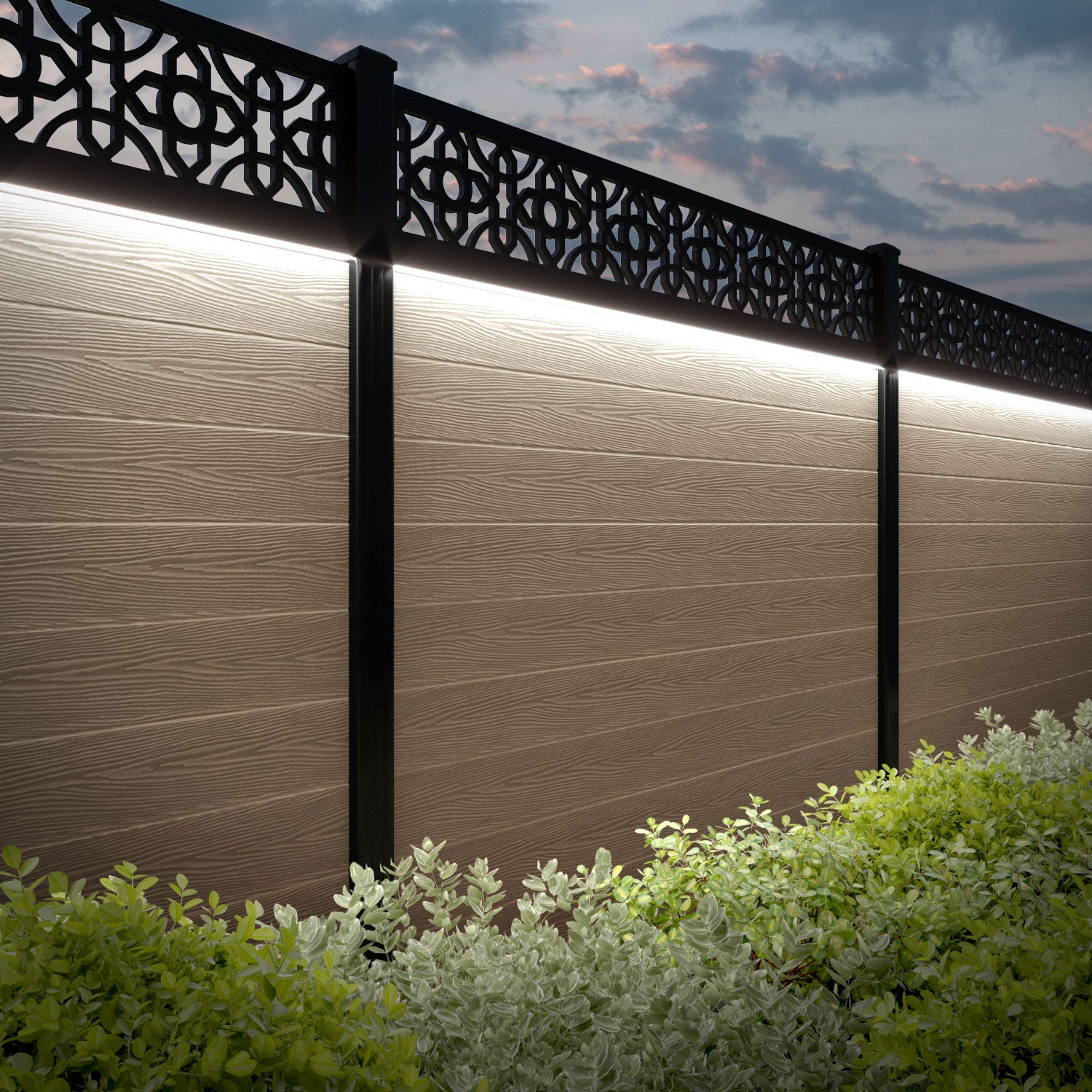 Classic Nabila Fence Panel - Light Oak - with our aluminium posts