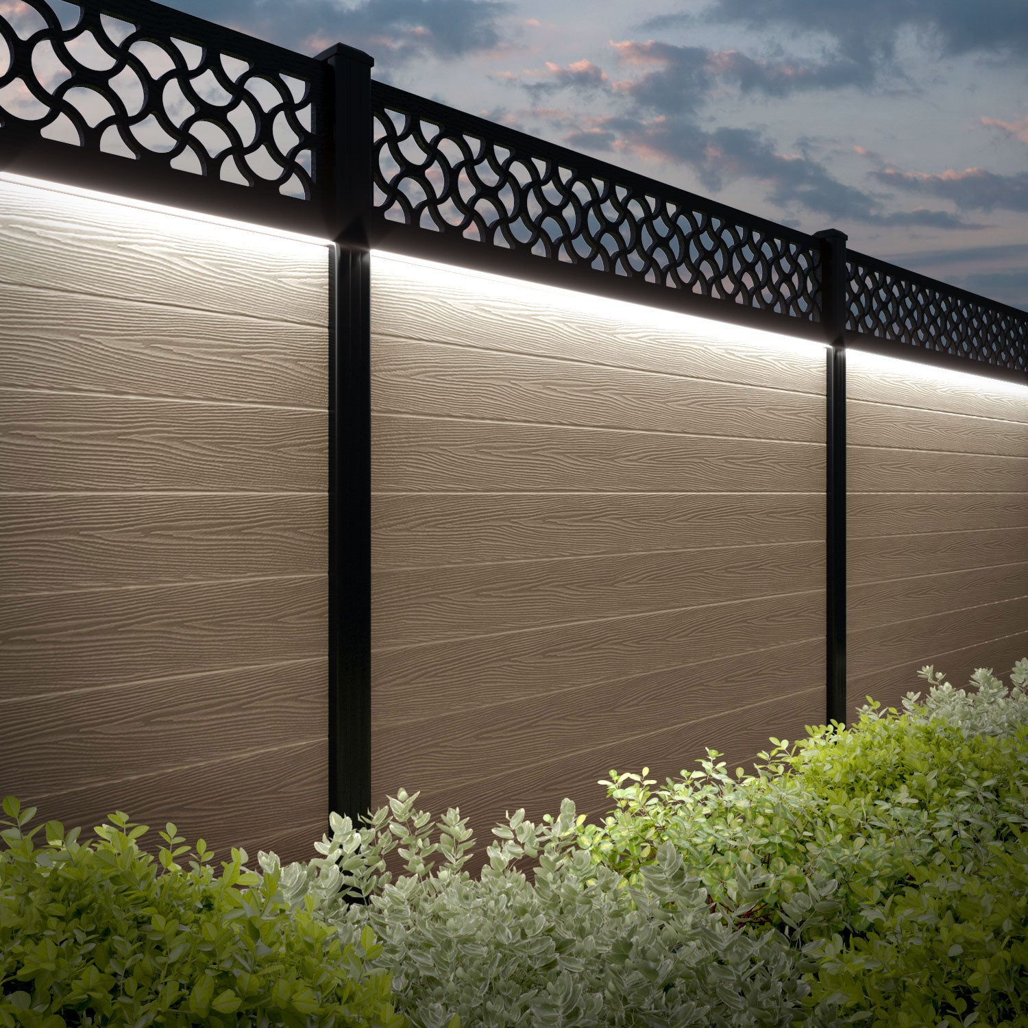 Classic Vida Fence Panel - Light Oak - with our aluminium posts