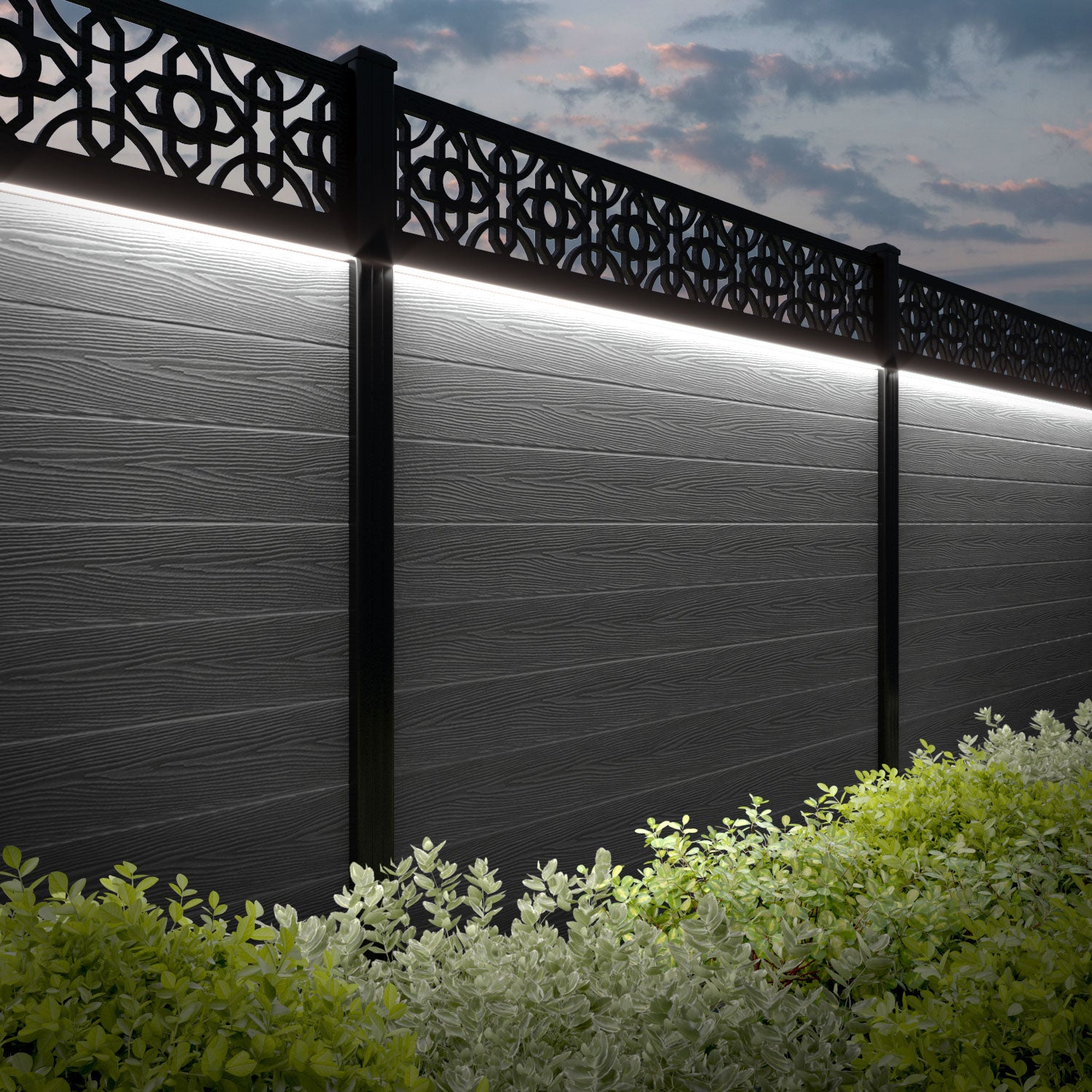 Classic Nabila Fence Panel - Mid Grey - with our aluminium posts