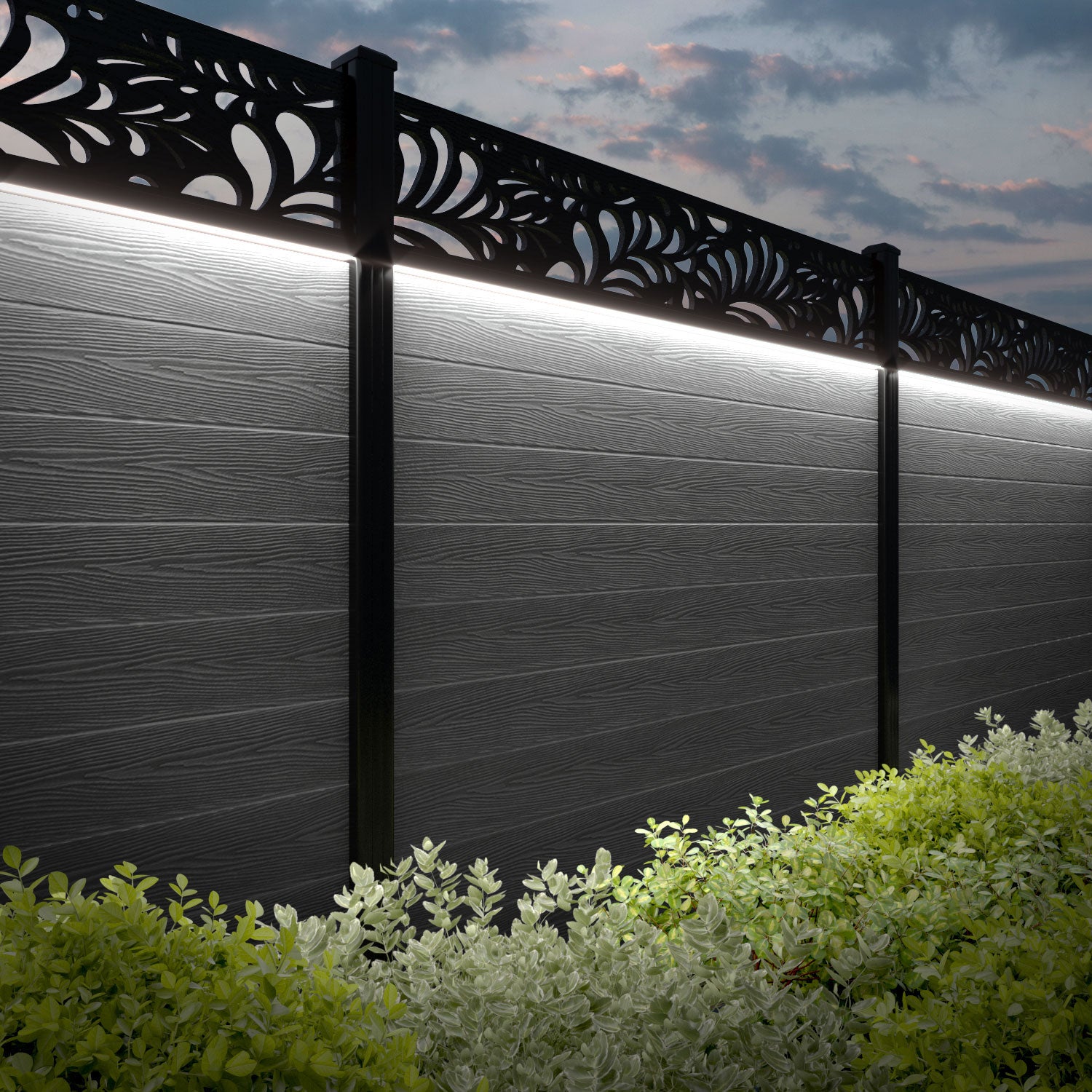 Classic Petal Fence Panel - Mid Grey - with our aluminium posts