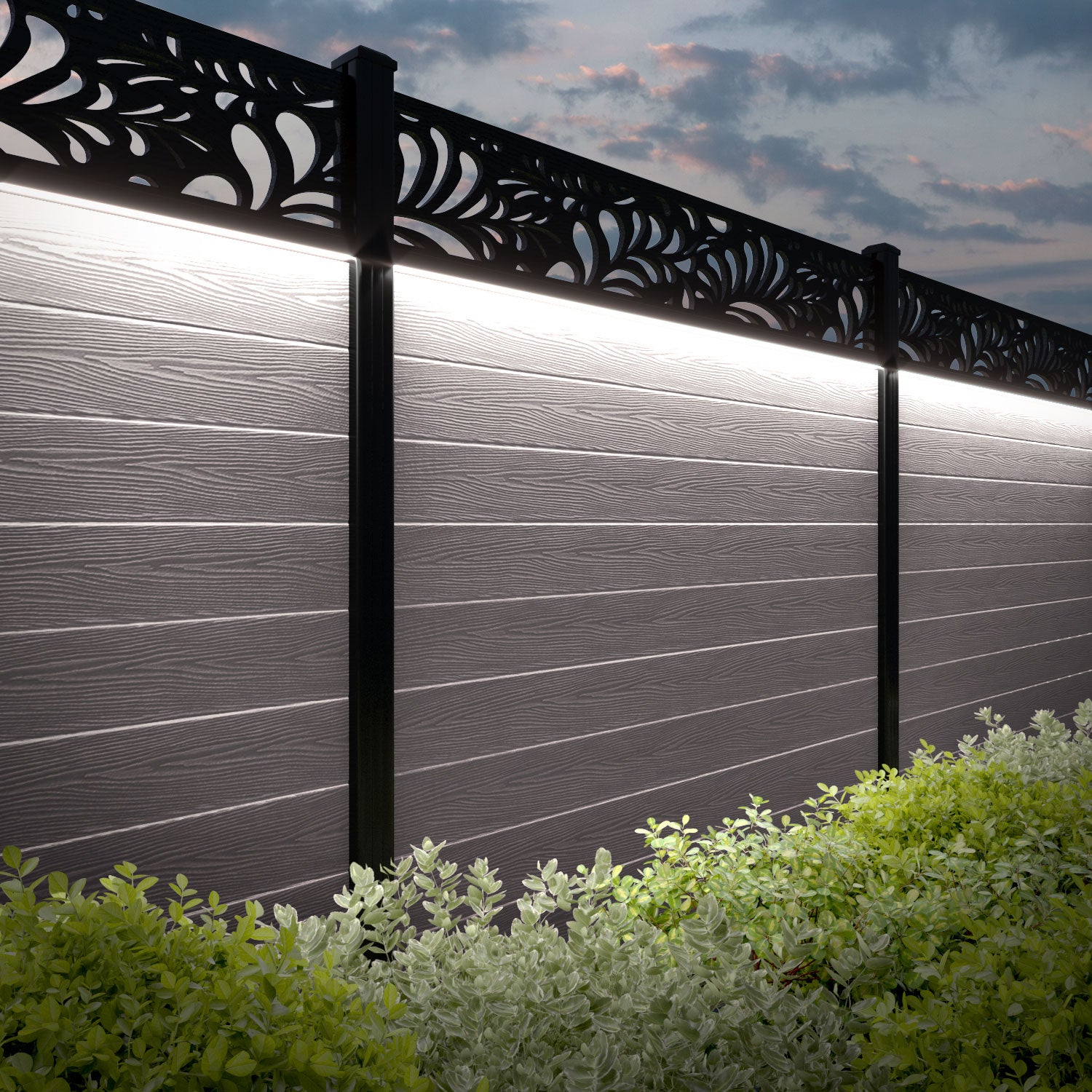 Classic Plume Fence Panel - Mid Stone - with our aluminium posts