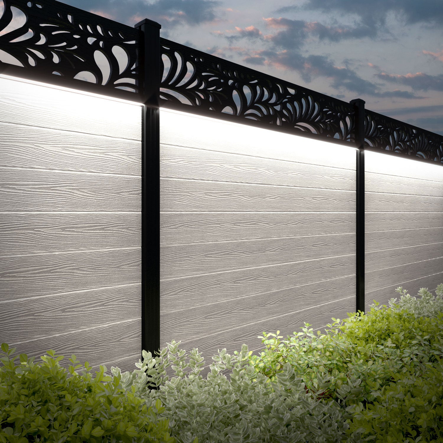 Classic Petal Fence Panel - Light Stone - with our aluminium posts