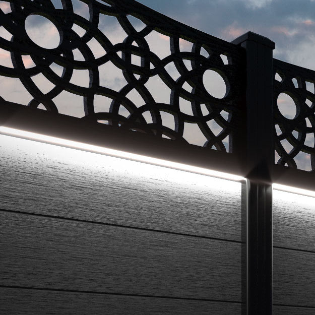 Fusion Ambar Curved Top Fence Panel - Black - with our aluminium posts