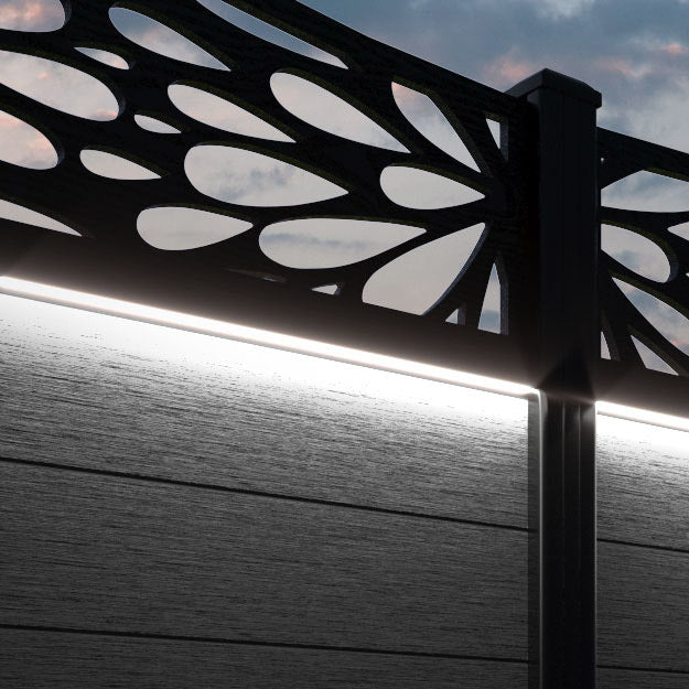 Fusion Blossom Curved Top Fence Panel - Black - with our aluminium posts