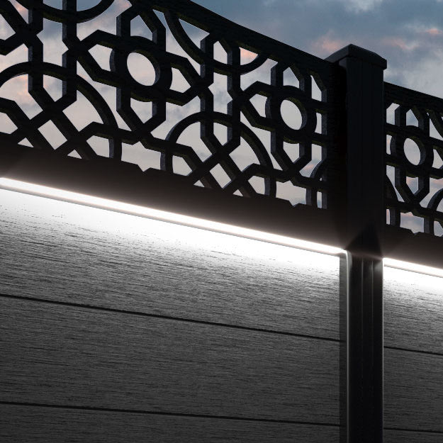 Fusion Nabila Curved Top Fence Panel - Black - with our aluminium posts