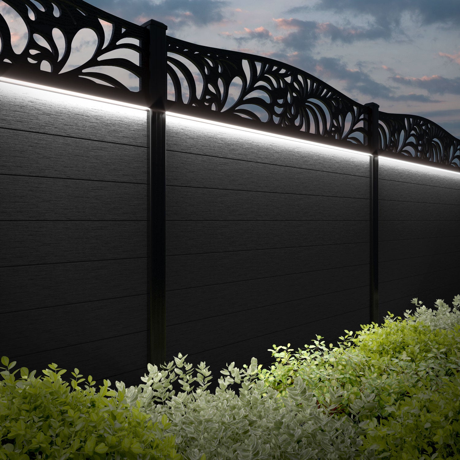 Fusion Petal Curved Top Fence Panel - Black - with our aluminium posts