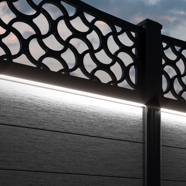 Fusion Vida Curved Top Fence Panel - Black - with our aluminium posts