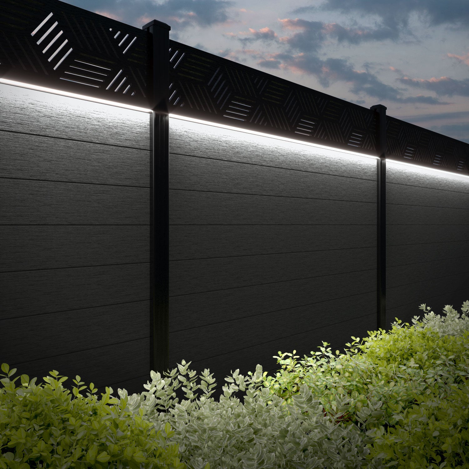 Fusion Cubed Fence Panel - Dark Grey - with our aluminium posts