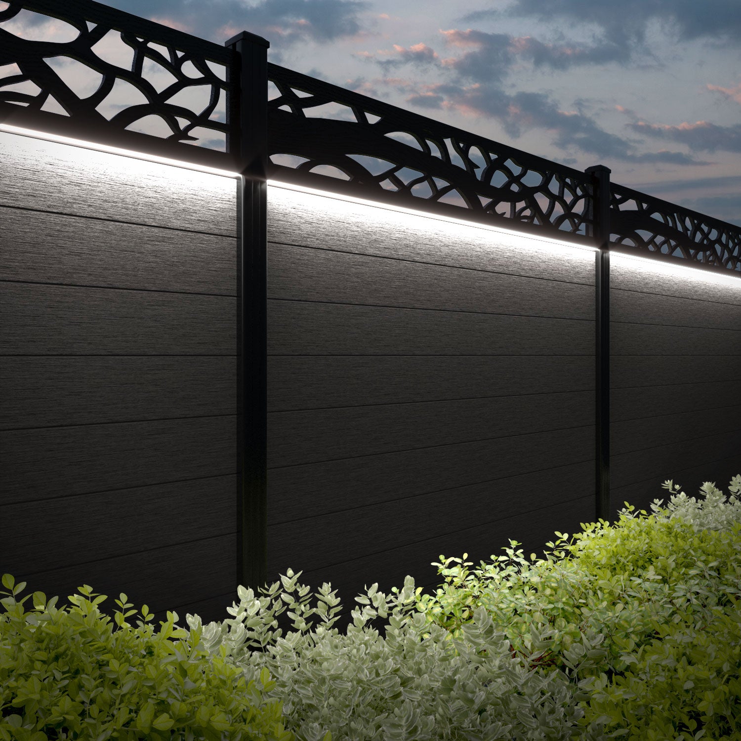 Fusion Twilight Fence Panel - Dark Oak - with our aluminium posts