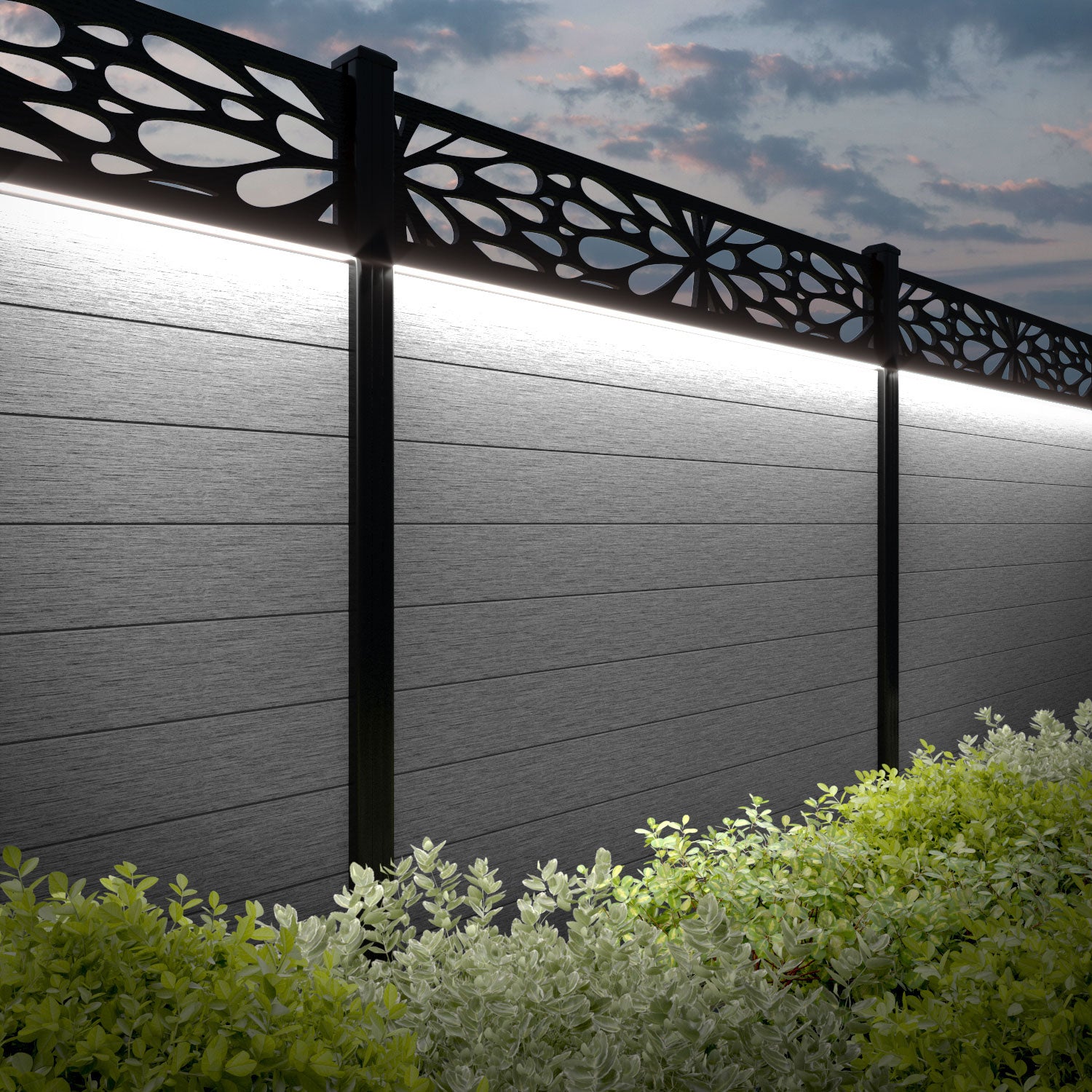 Fusion Blossom Fence Panel - Light Grey - with our aluminium posts