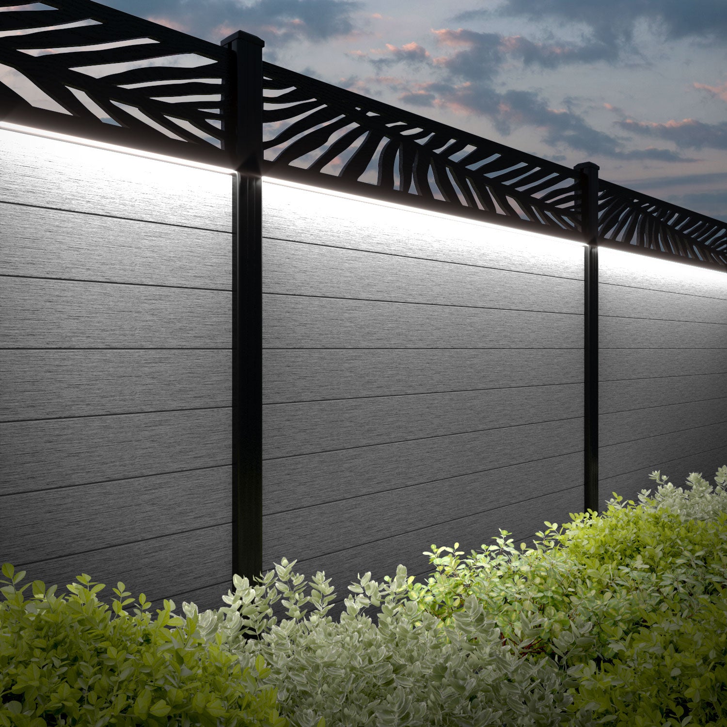 Fusion Palm Fence Panel - Light Grey - with our aluminium posts