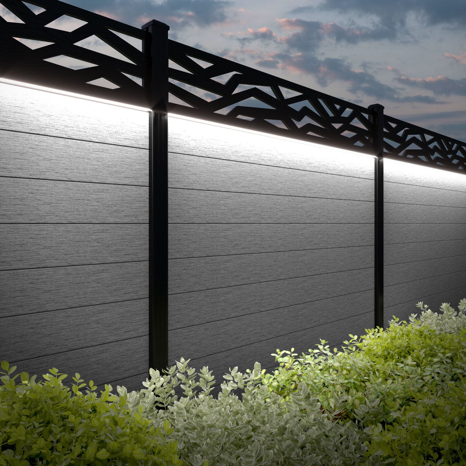Fusion Zenith Fence Panel - Light Grey - with our aluminium posts