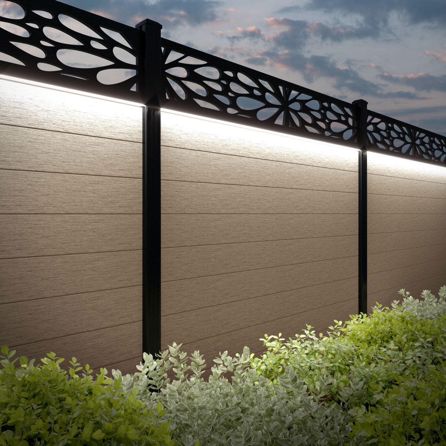 Fusion Blossom Fence Panel - Light Oak - with our composite posts