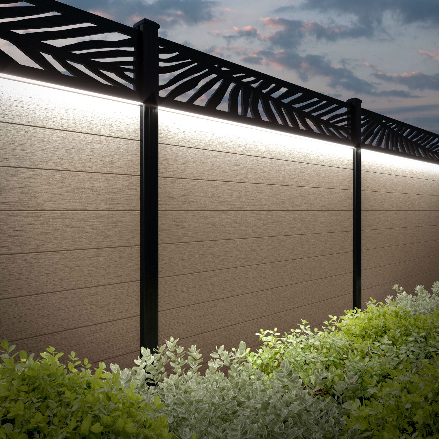 Fusion Palm Fence Panel - Light Oak - with our composite posts