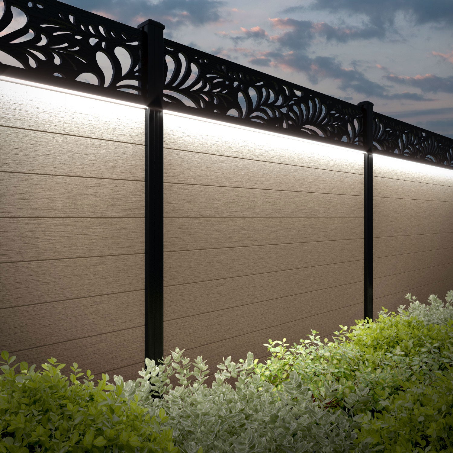 Fusion Petal Fence Panel - Light Oak - with our composite posts