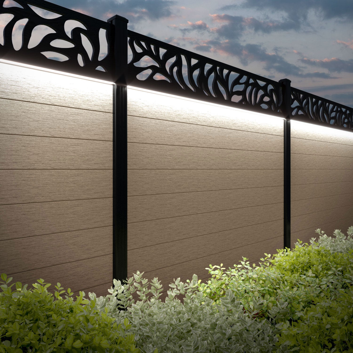 Fusion Plume Fence Panel - Light Oak - with our aluminium posts