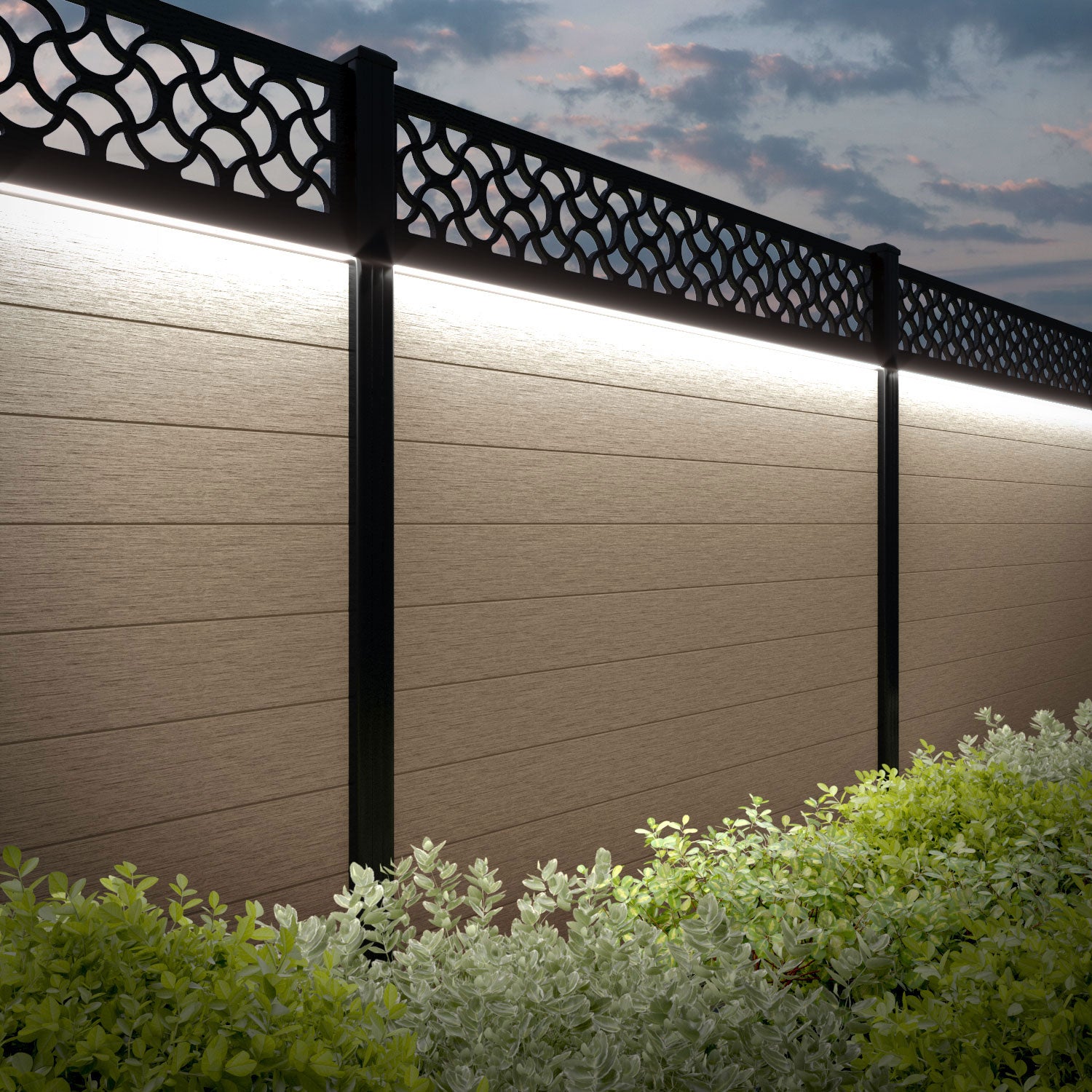 Fusion Vida Fence Panel - Light Oak - with our aluminium posts