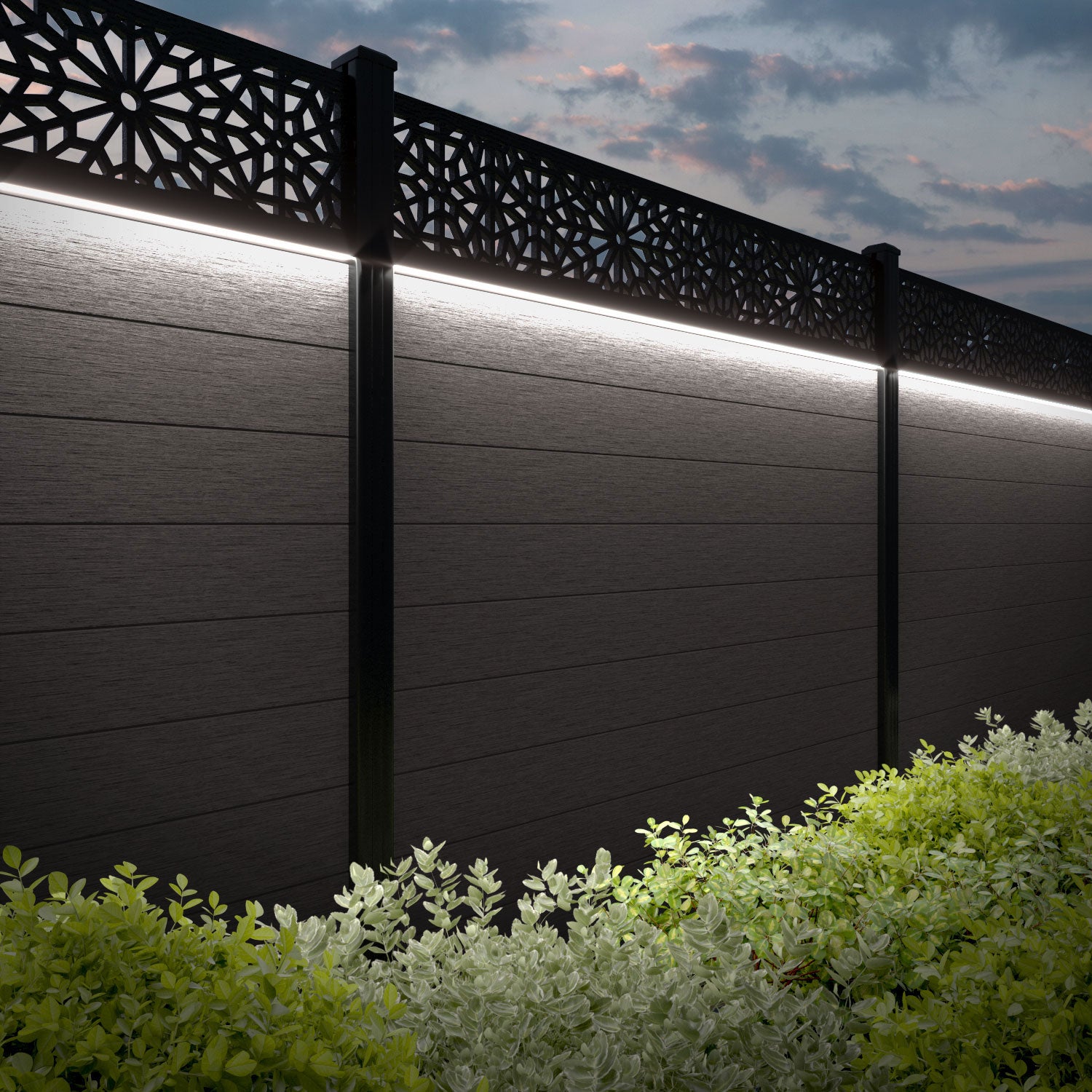 Fusion Alnara Fence Panel - Mid Brown - with our aluminium posts