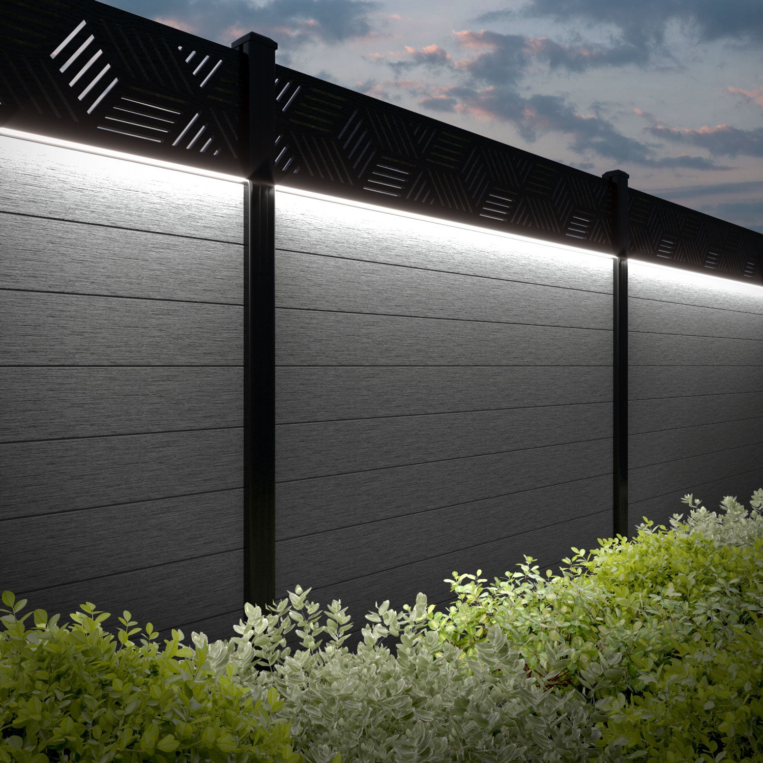 Fusion Cubed Fence Panel - Mid Grey - with our aluminium posts