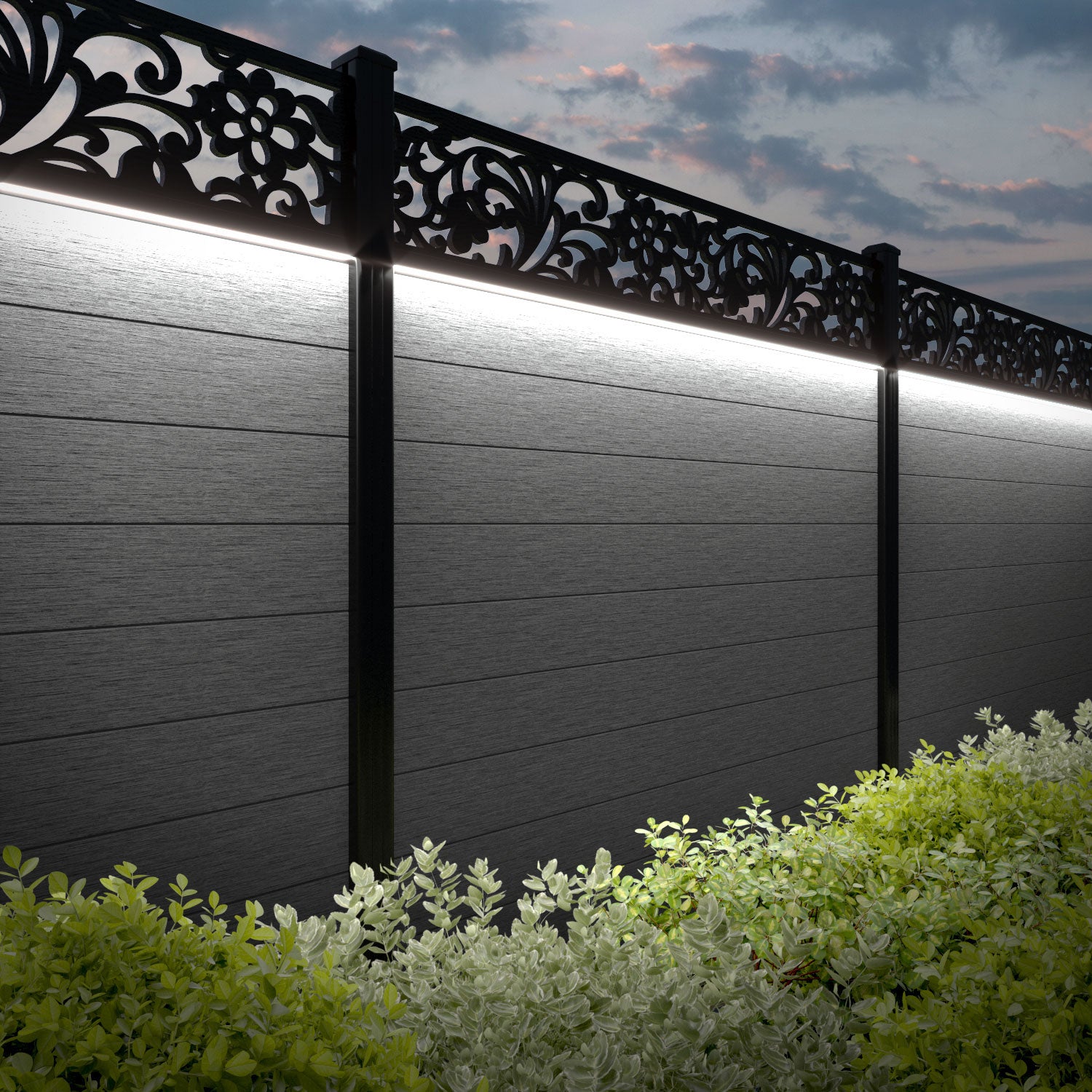 Fusion Eden Fence Panel - Mid Grey - with our aluminium posts
