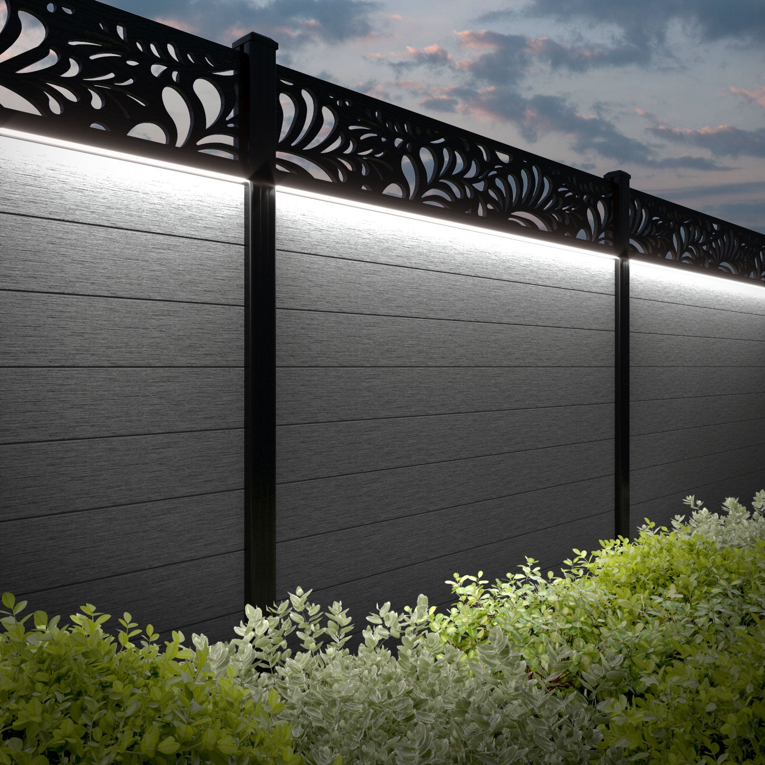 Fusion Petal Fence Panel - Mid Grey - with our aluminium posts