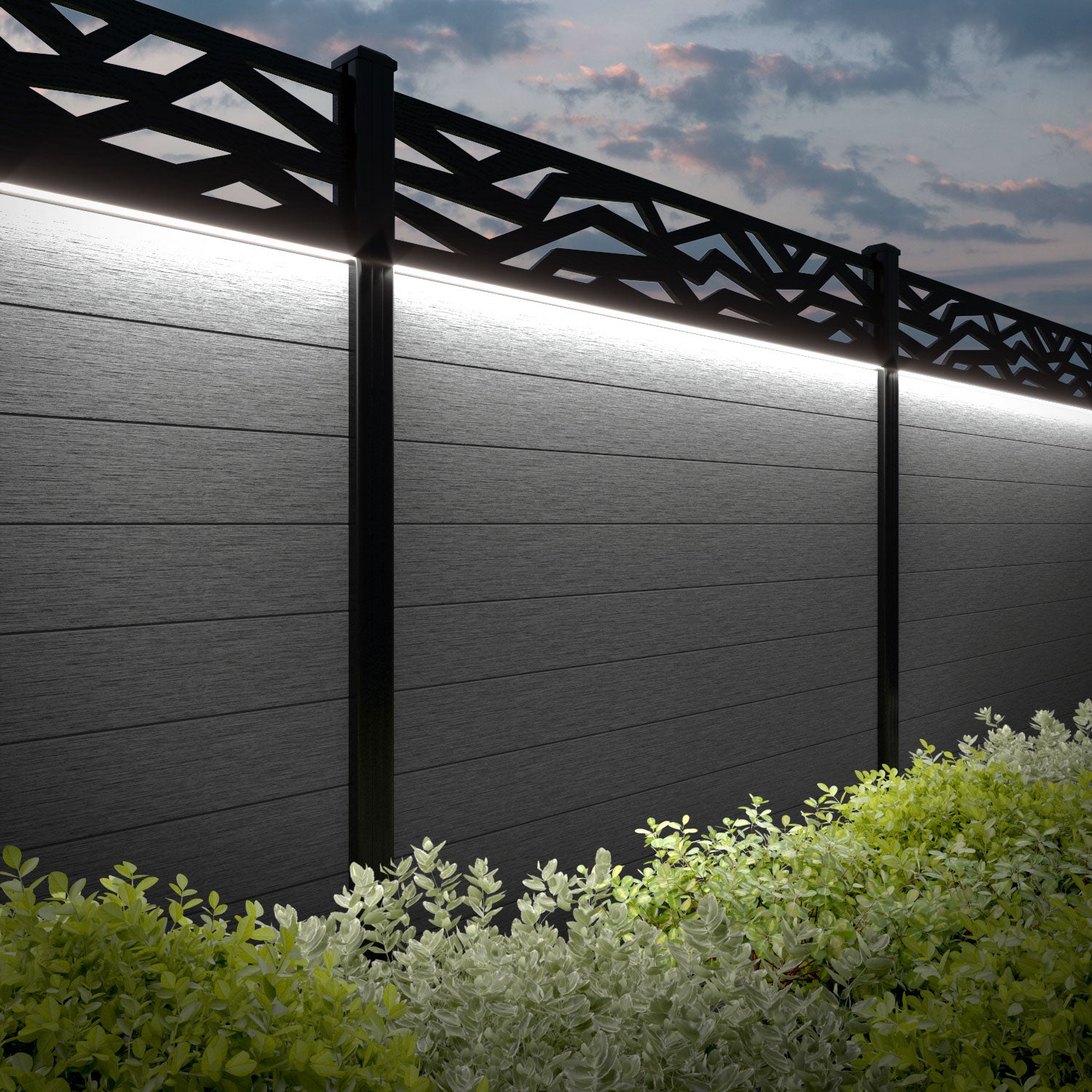 Fusion Zenith Fence Panel - Mid Grey - with our aluminium posts