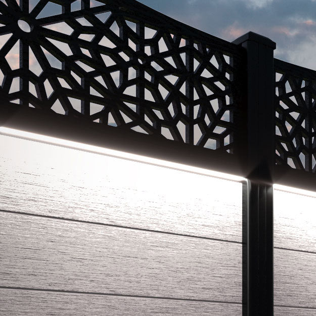 Fusion Alnara Curved Top Fence Panel - Mid Stone - with our aluminium posts