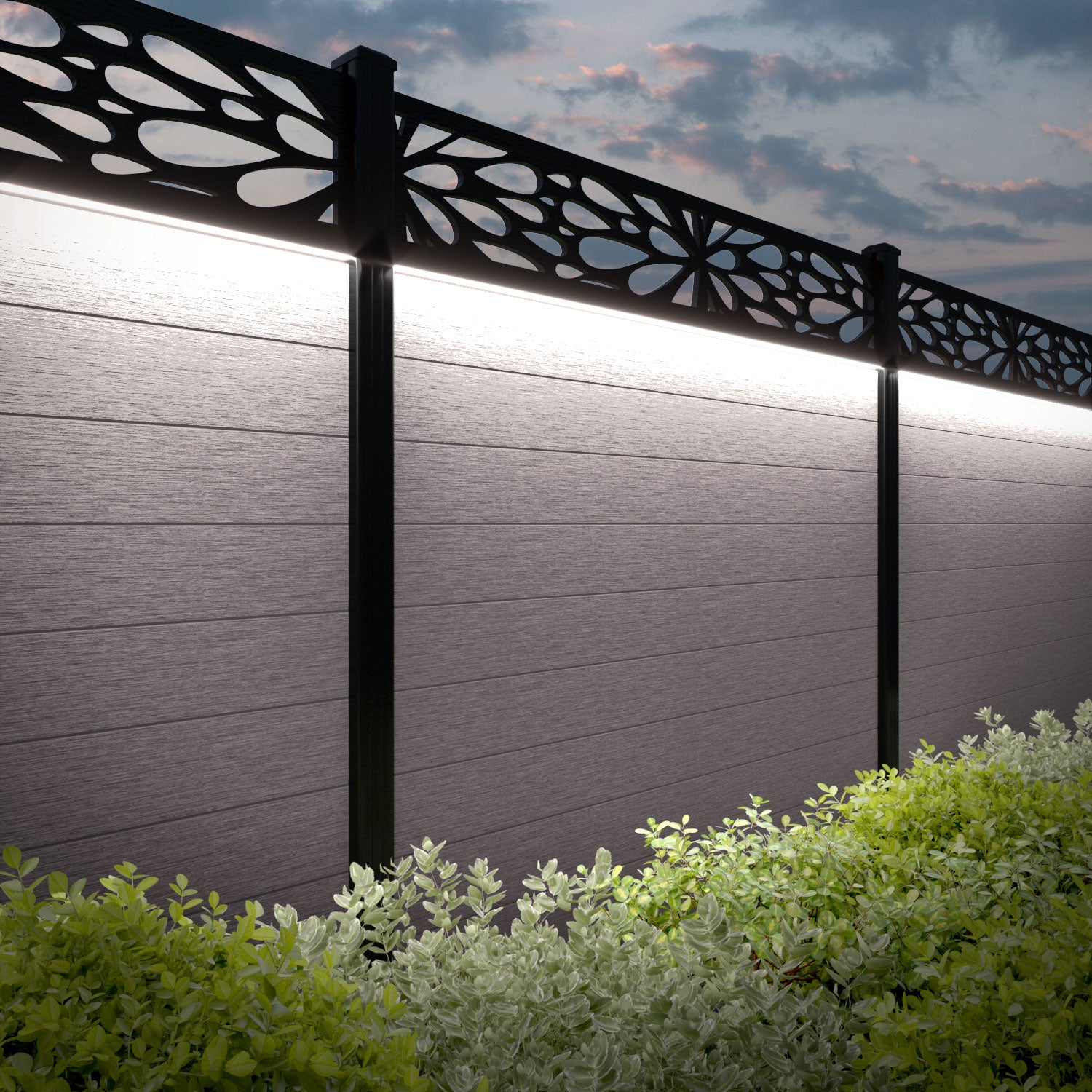 Fusion Blossom Fence Panel - Mid Stone - with our aluminium posts