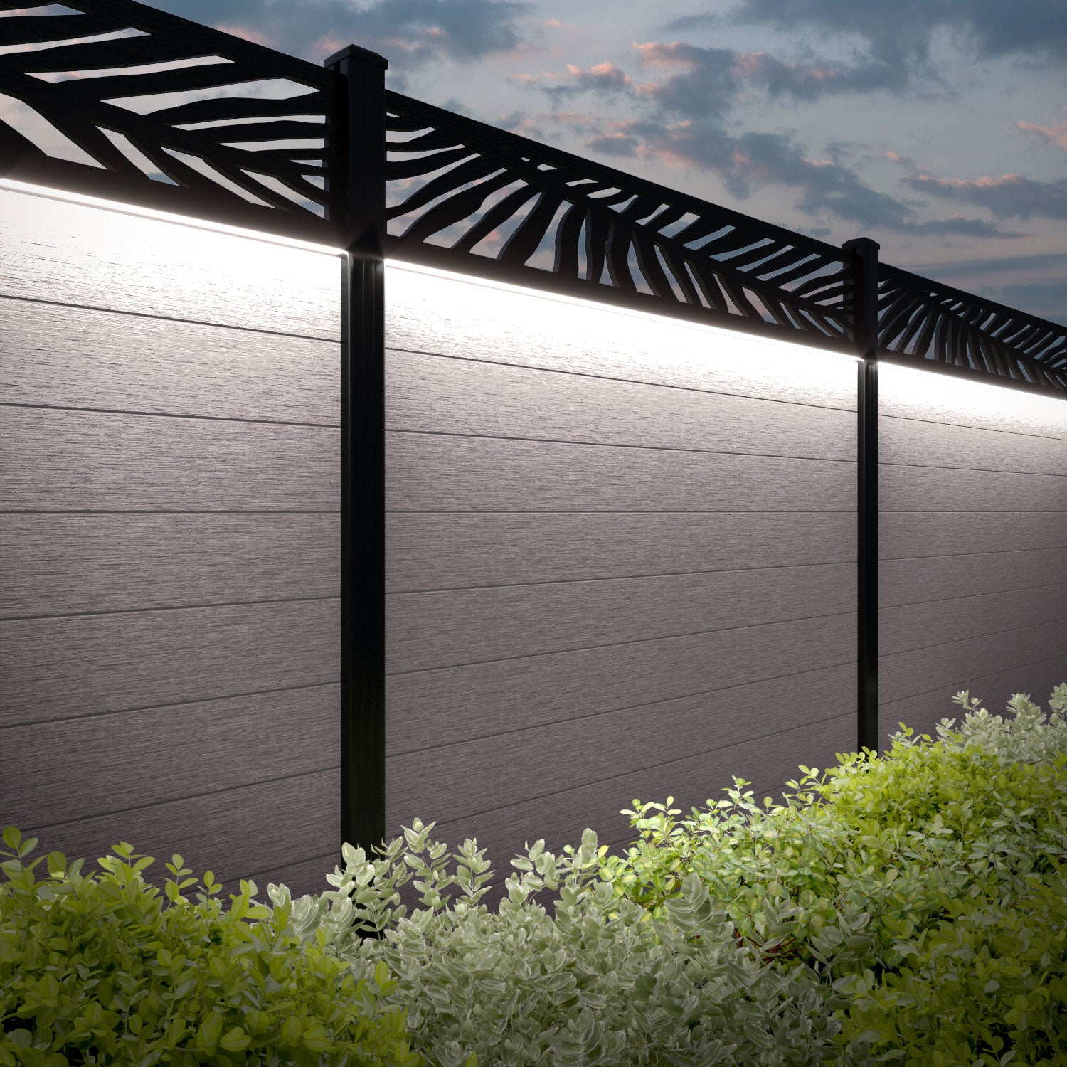 Fusion Palm Fence Panel - Mid Stone - with our aluminium posts