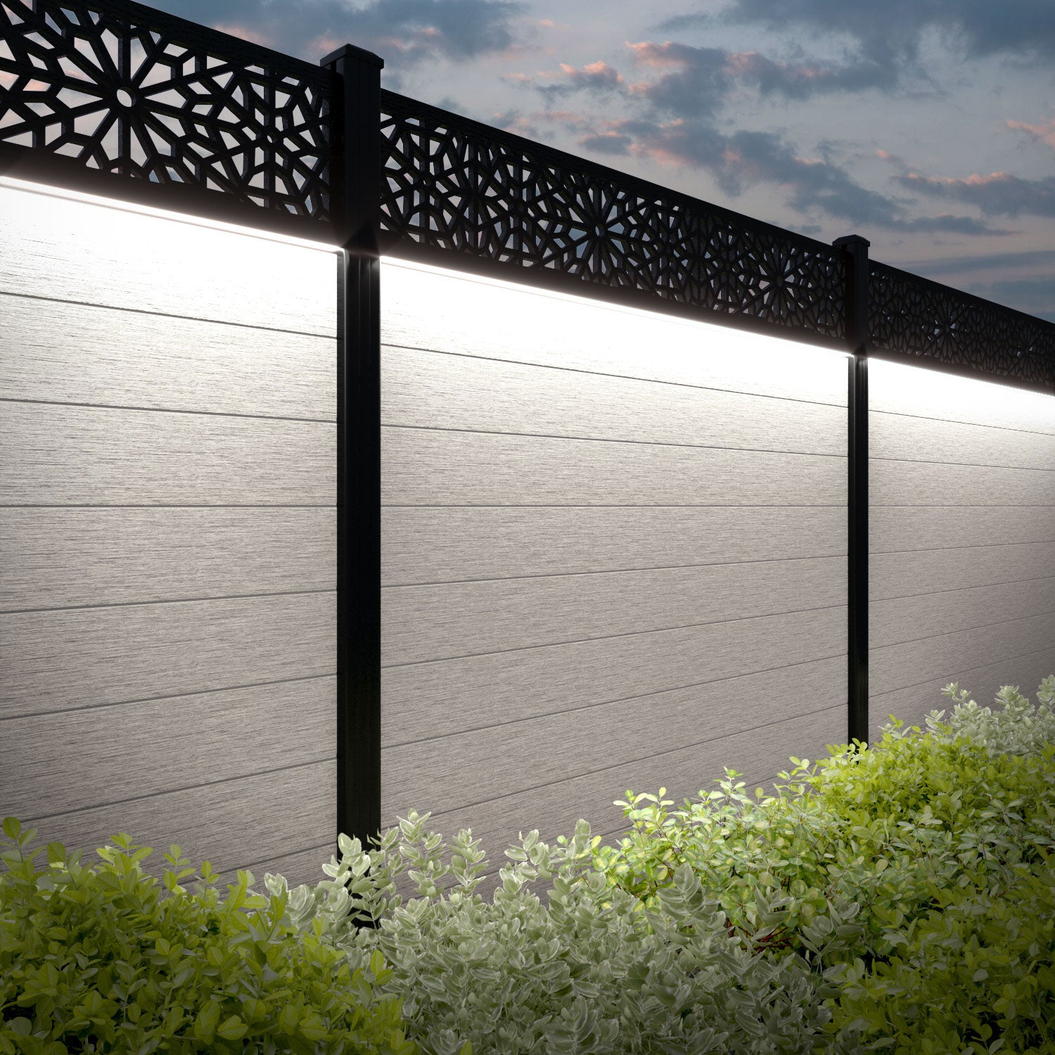 Fusion Alnara Fence Panel - Light Stone - with our aluminium posts