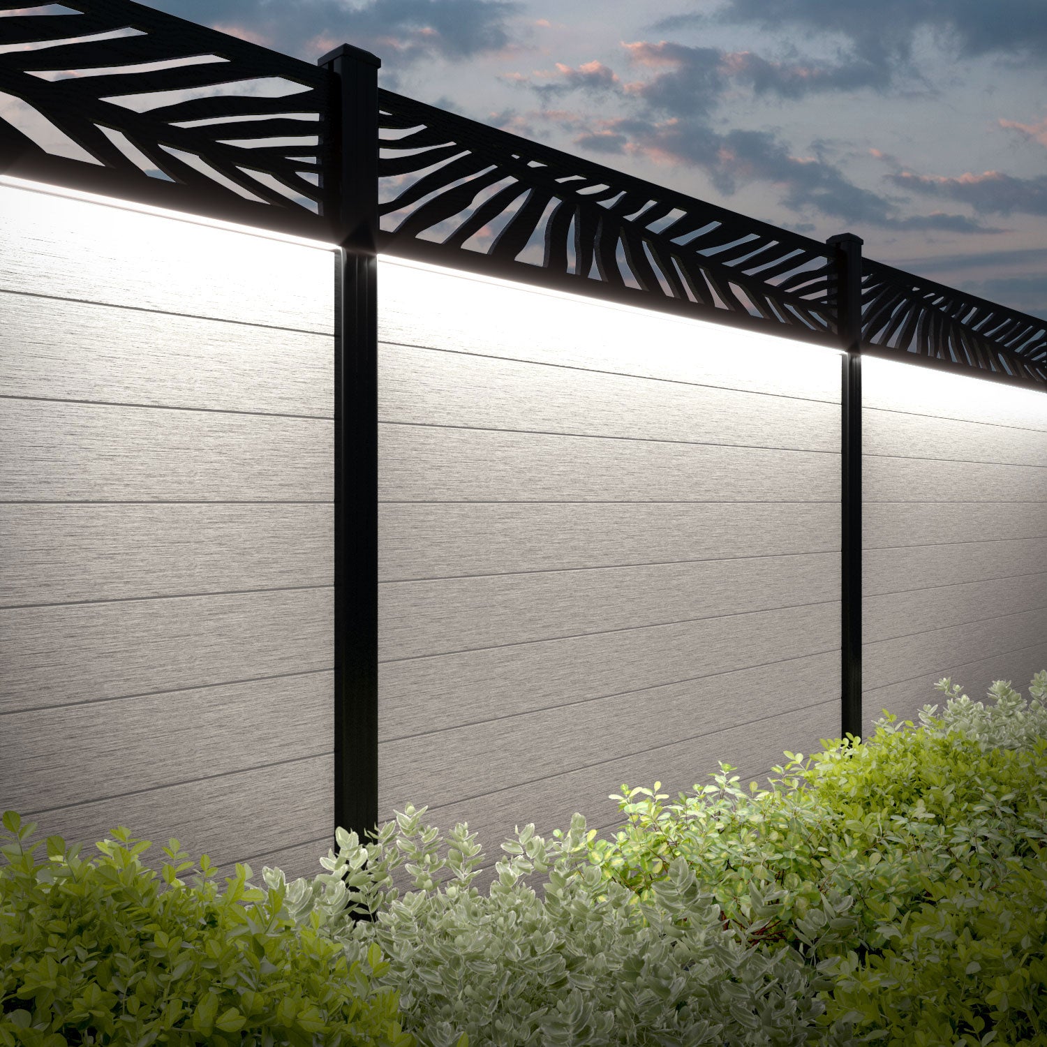 Fusion Palm Fence Panel - Light Stone - with our aluminium posts