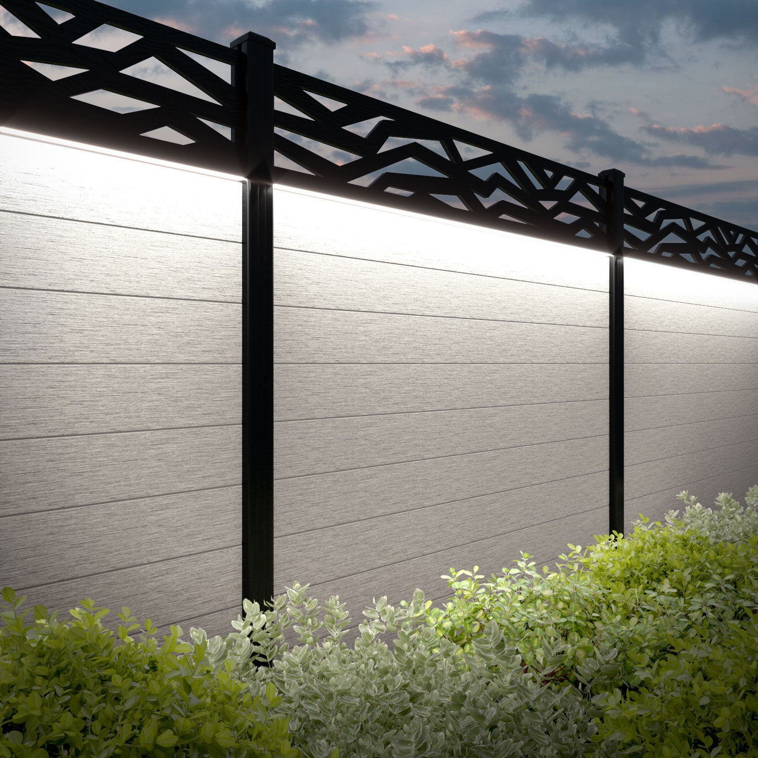 Fusion Zenith Fence Panel - Light Stone - with our aluminium posts