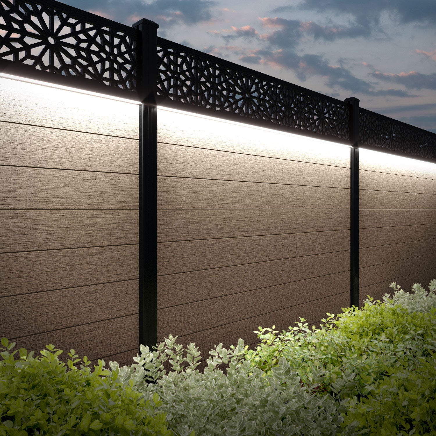 Fusion Alnara Fence Panel - Teak - with our aluminium posts