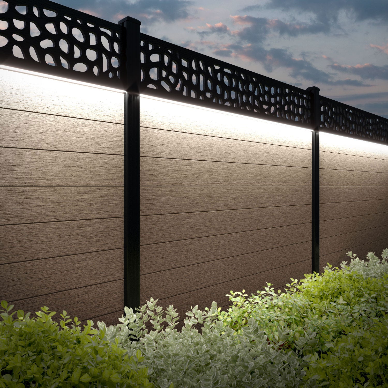 Fusion Pebble Fence Panel - Teak - with our aluminium posts