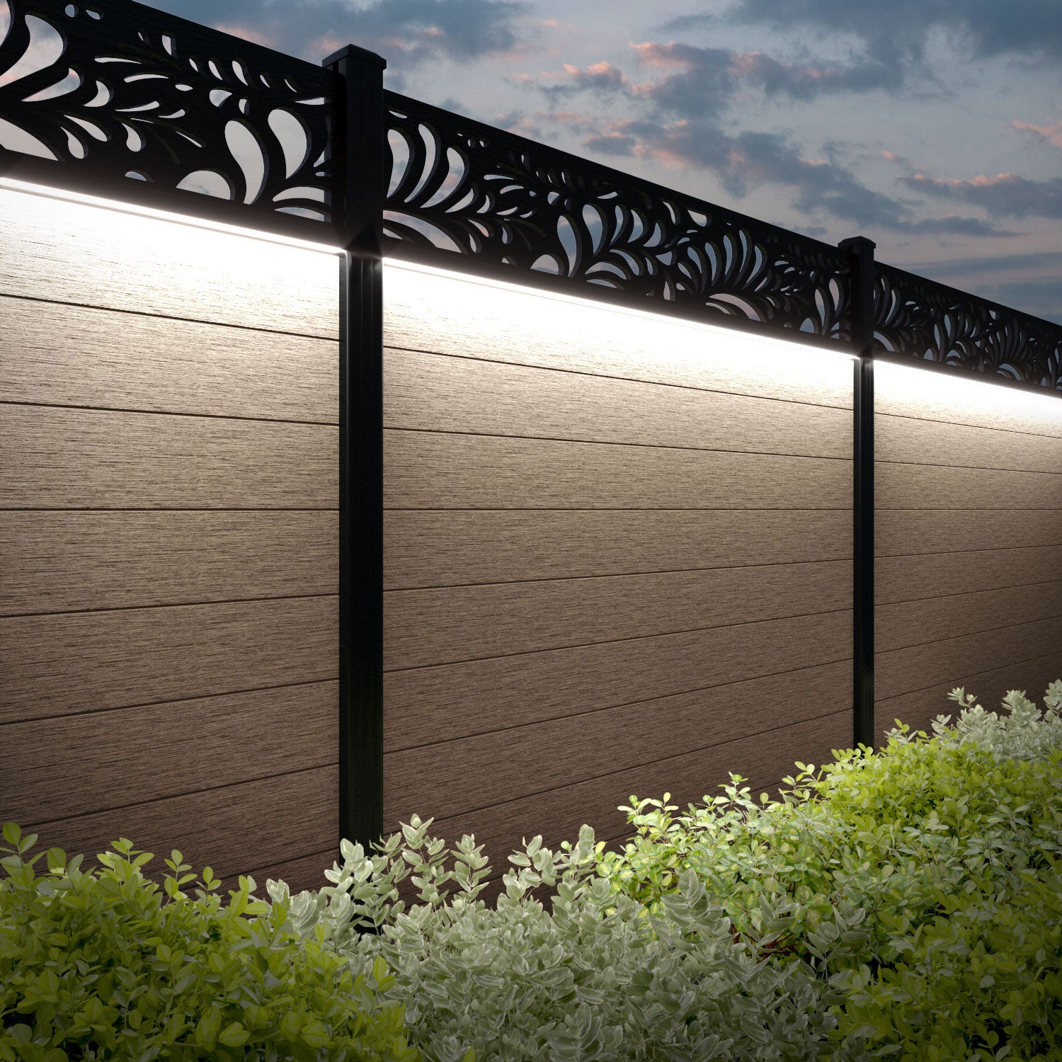 Fusion Petal Fence Panel - Teak - with our aluminium posts