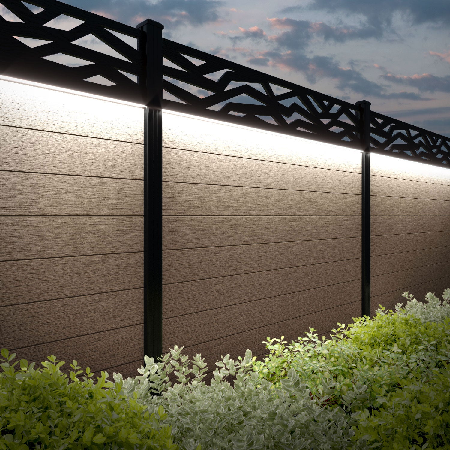 Fusion Zenith Fence Panel - Teak - with our aluminium posts