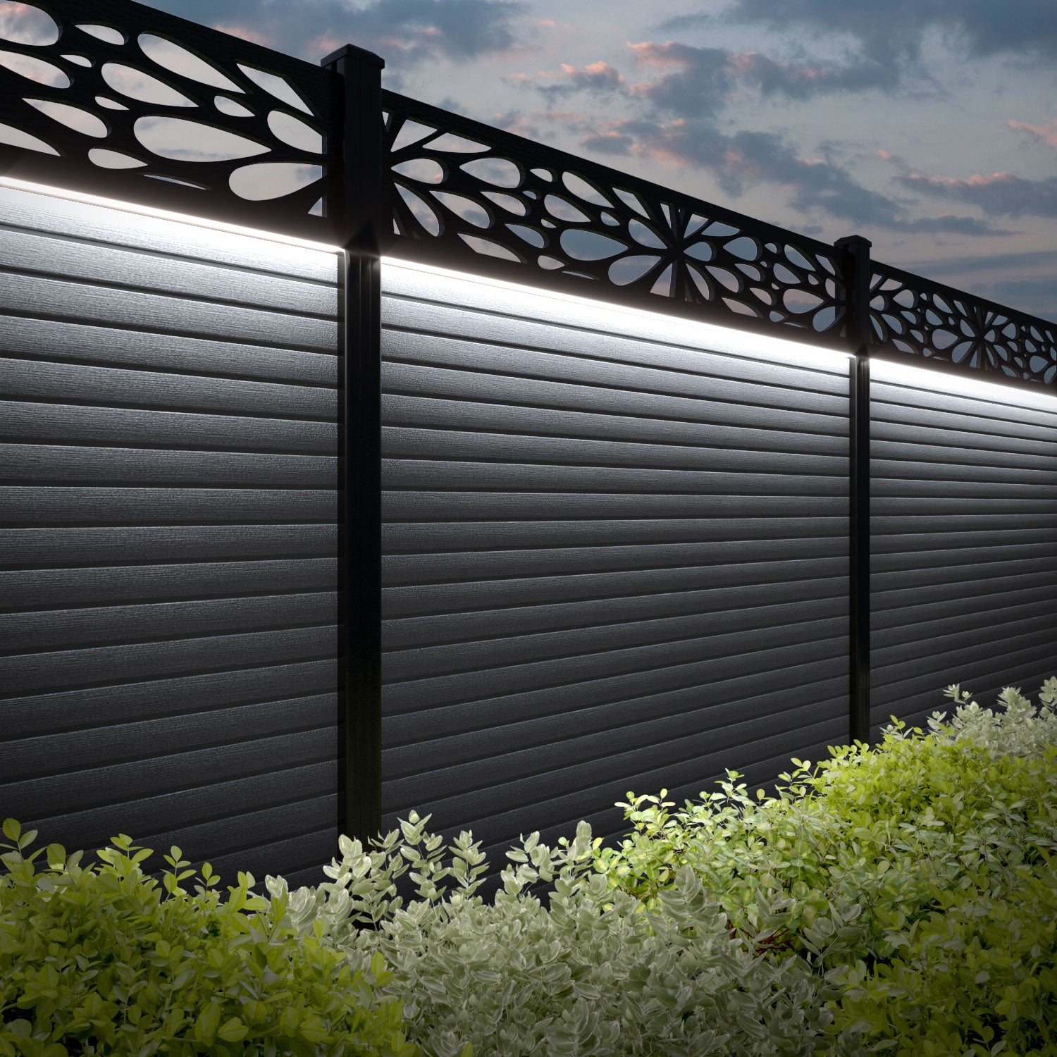 Hudson Blossom Fence Panel - Anthracite - with our aluminium posts