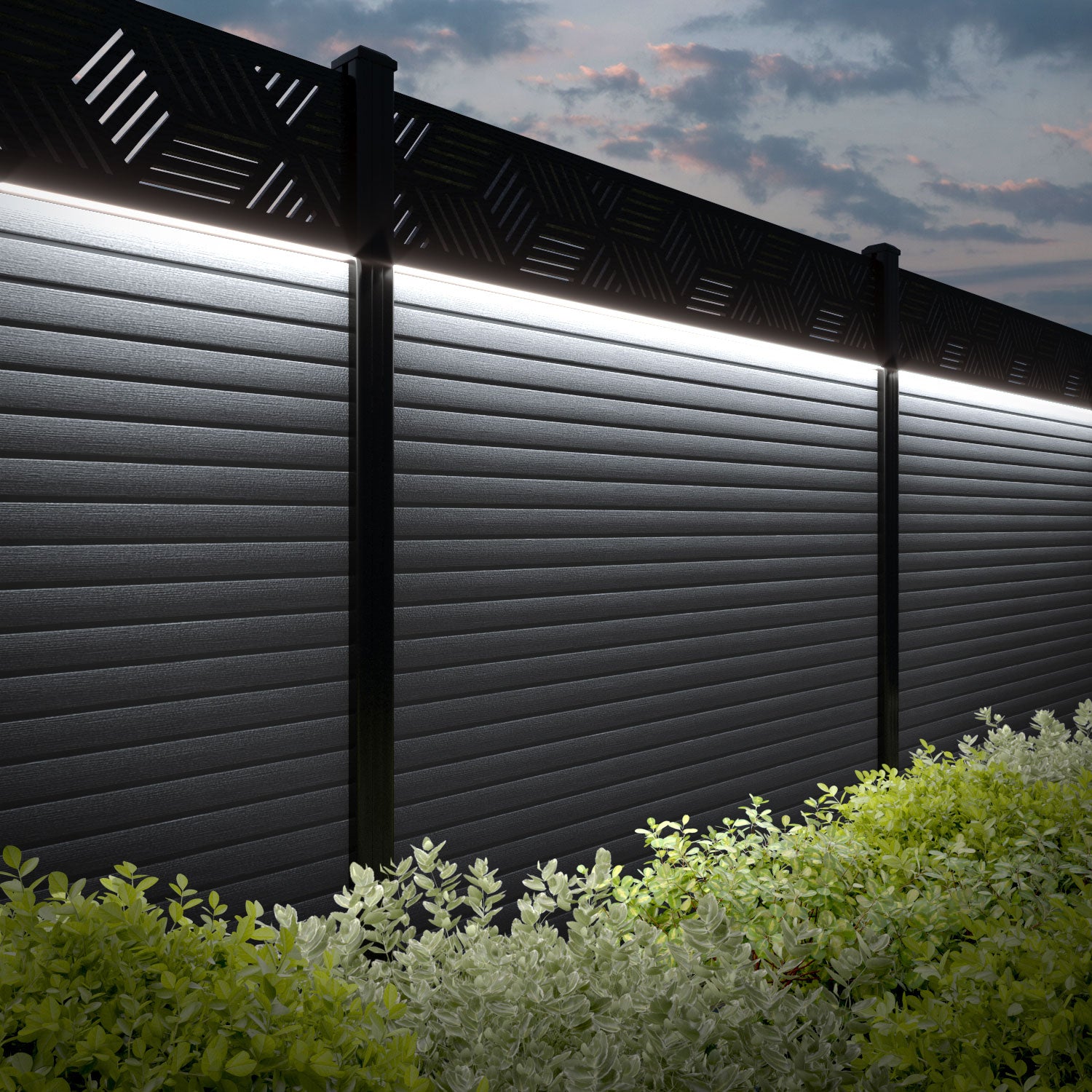 Hudson Cubed Fence Panel - Anthracite - with our aluminium posts