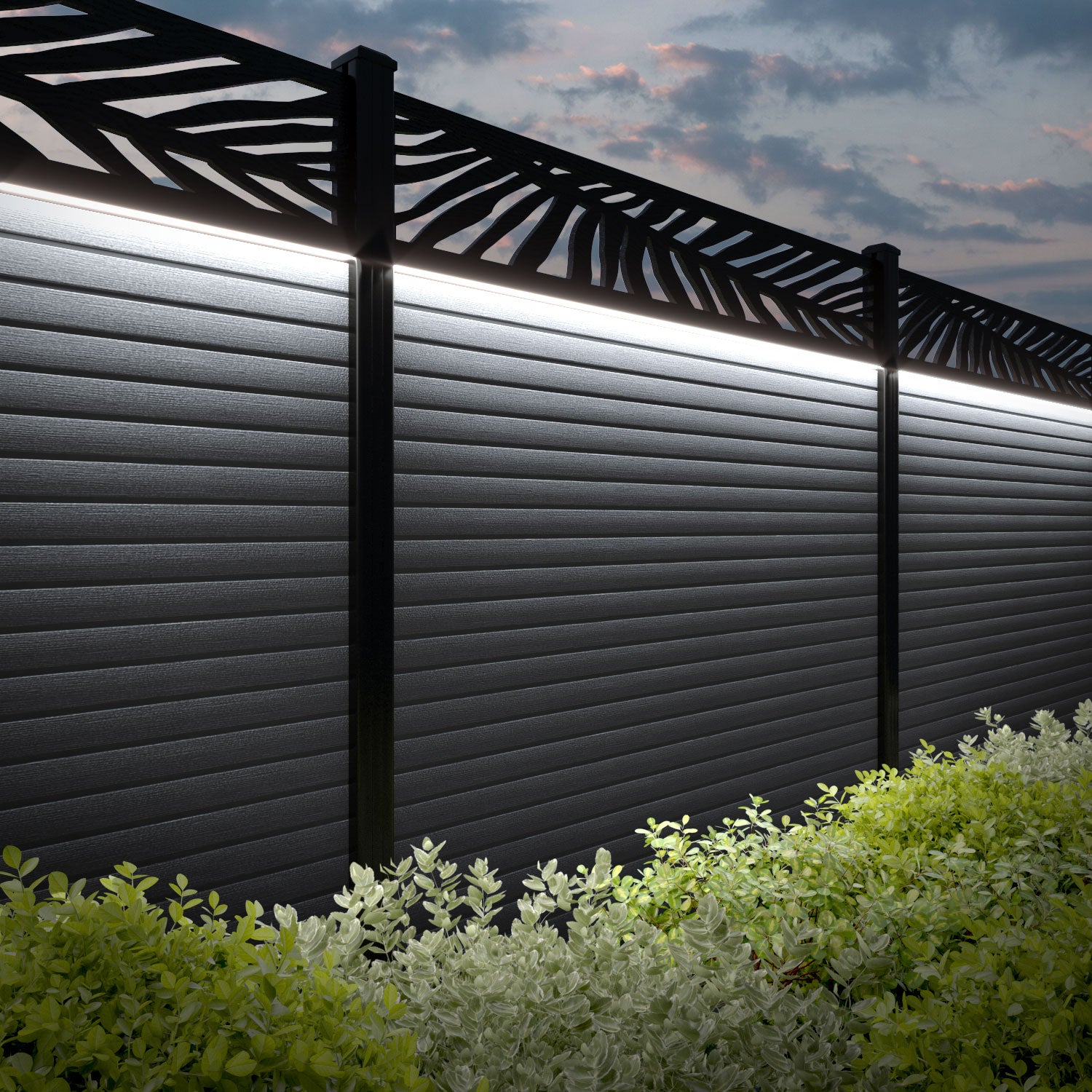 Hudson Palm Fence Panel - Anthracite - with our aluminium posts