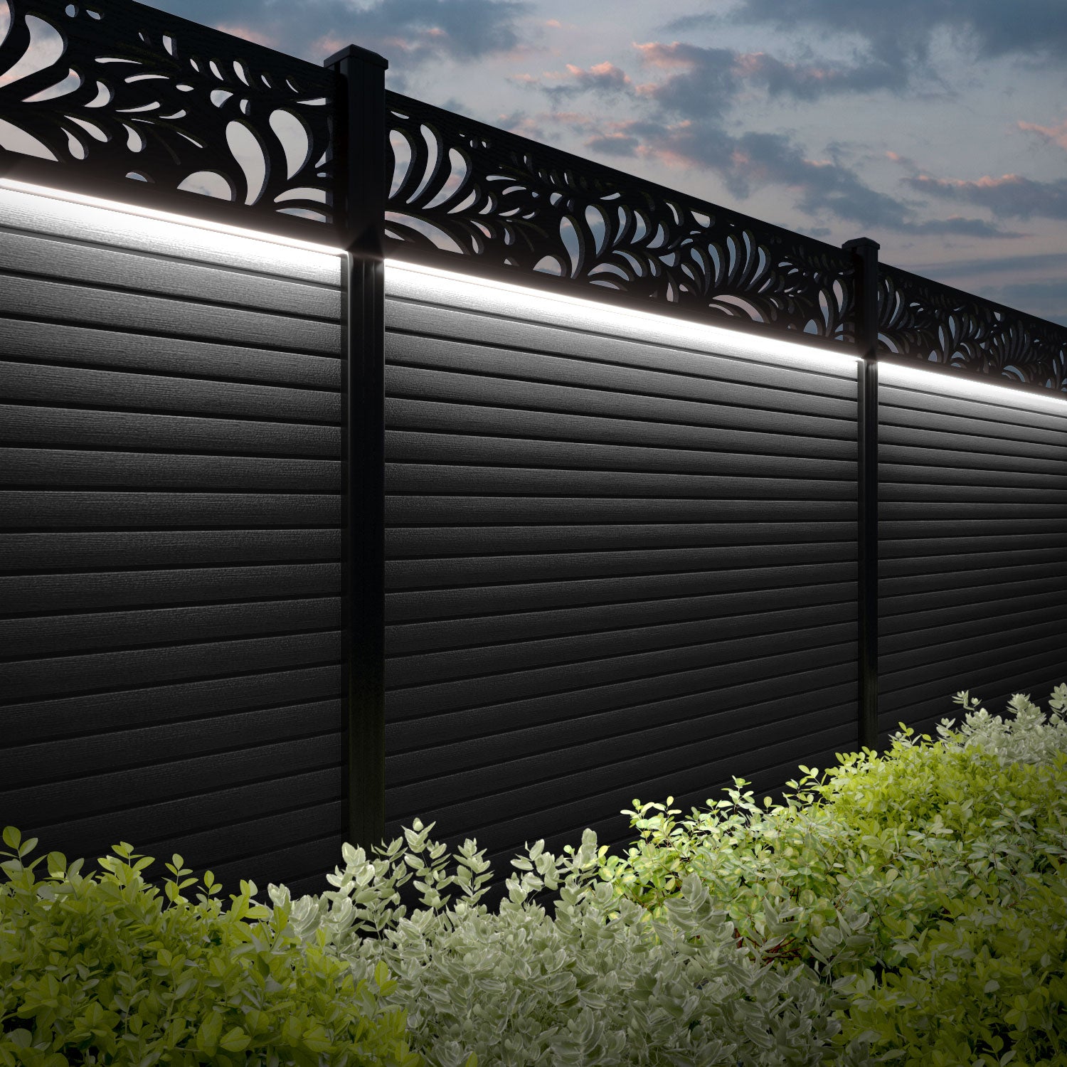Hudson Petal Fence Panel - Black - with our aluminium posts