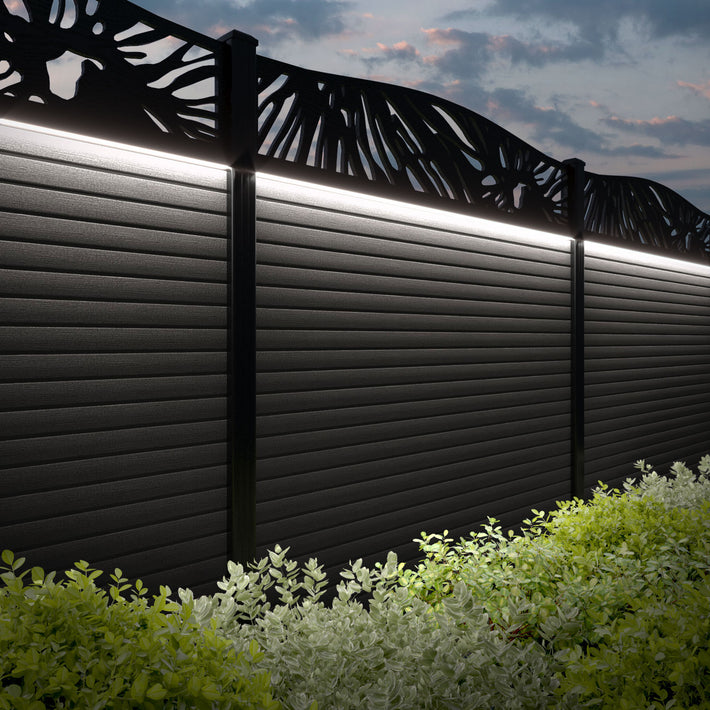 Hudson Poppy Curved Top Fence Panel - Dark Oak - with our aluminium posts