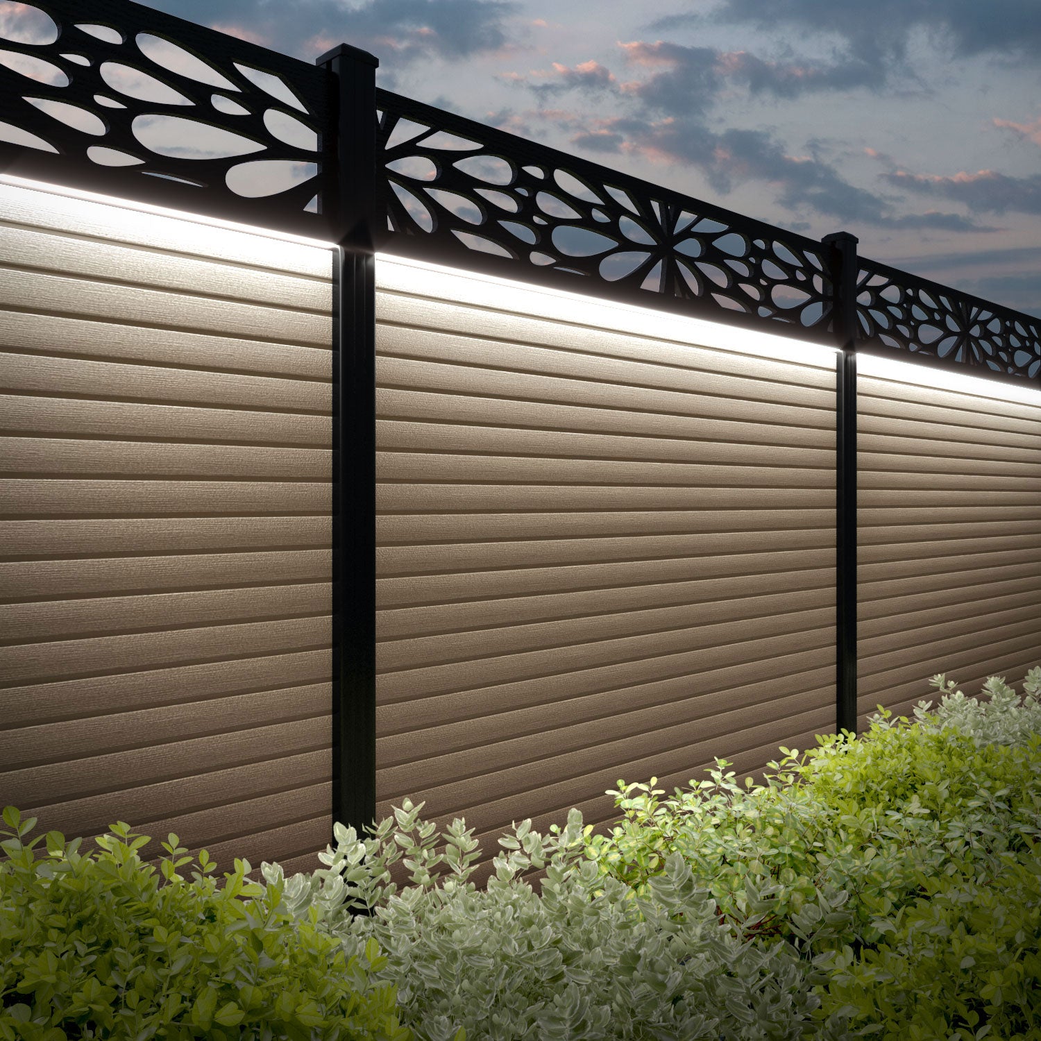 Hudson Blossom Fence Panel - Light Oak - with our aluminium posts