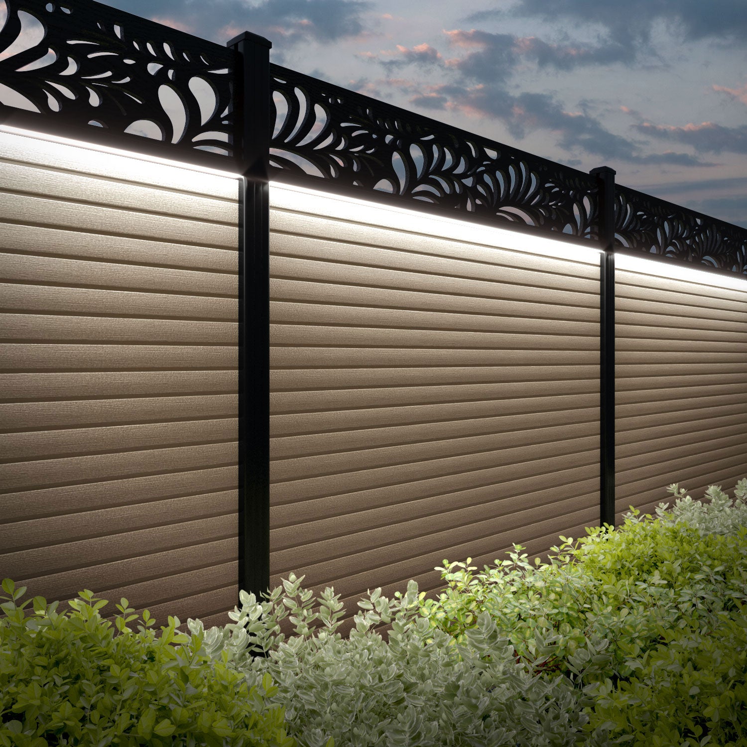 Hudson Petal Fence Panel - Light Oak - with our aluminium posts